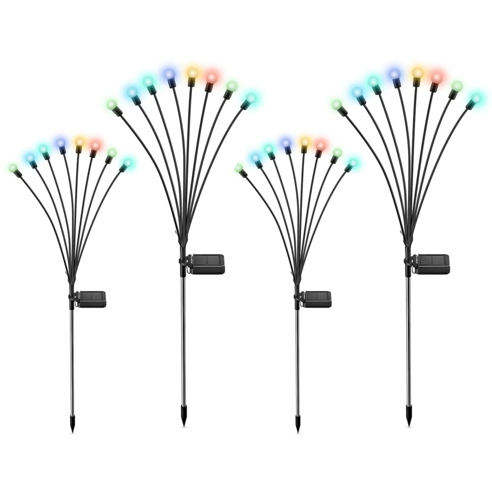 EliteZ Solar Powered Firefly Lights - Waterproof Outdoor Solar Garden Lights with 8 Heads Colorful Starburst Swaying Design (4pcs/Pack) for Courtyards, Lawns, Sidewalks, Patio & Backyard Decor | Perfect for Evening Ambiance, Pathway Lighting & Landscape Accents