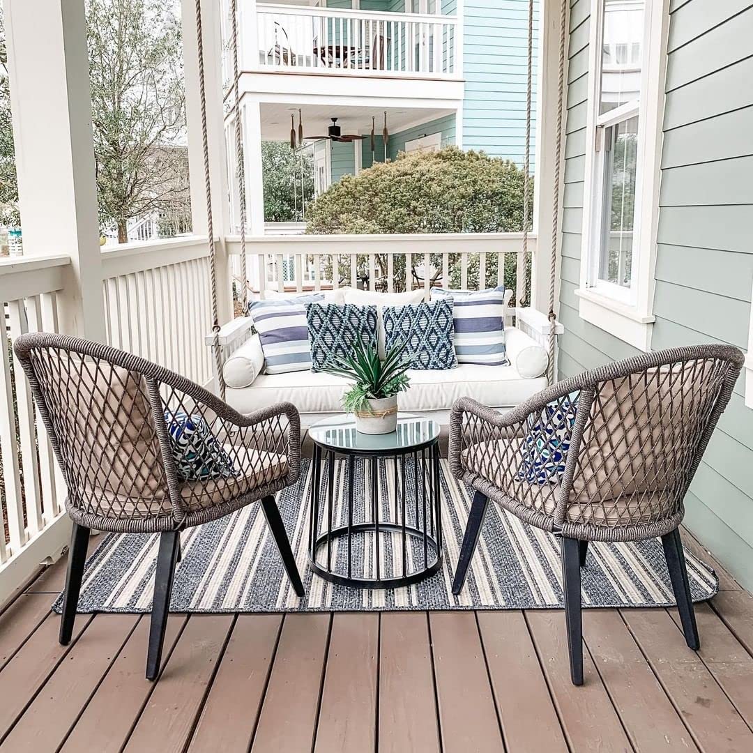 PHI VILLA 3-Piece Outdoor Patio Furniture Set - 2 Hand-Woven Olifin Rope Chairs with Cushions & 1 Tempered Glass Coffee Table - Grey Wicker Bistro Set with Beige Cushions for Backyard, Porch, Garden or Poolside Relaxation
