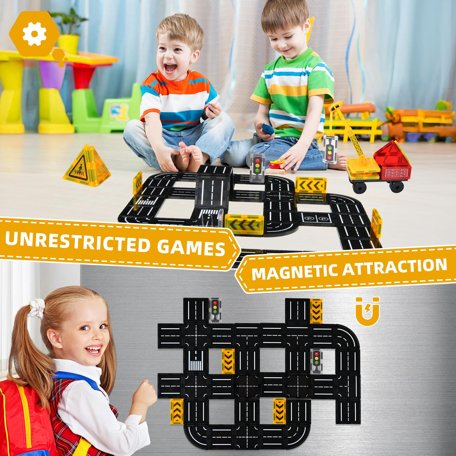 Magnetic Tiles Road Expansion Pack - 100+ Piece Magnetic Building Blocks Construction Set for Kids Ages 3+ | STEM Learning Toys for Boys & Girls | Montessori Educational Toys for Toddlers | Perfect for Classroom, Playroom & Birthday Gifts