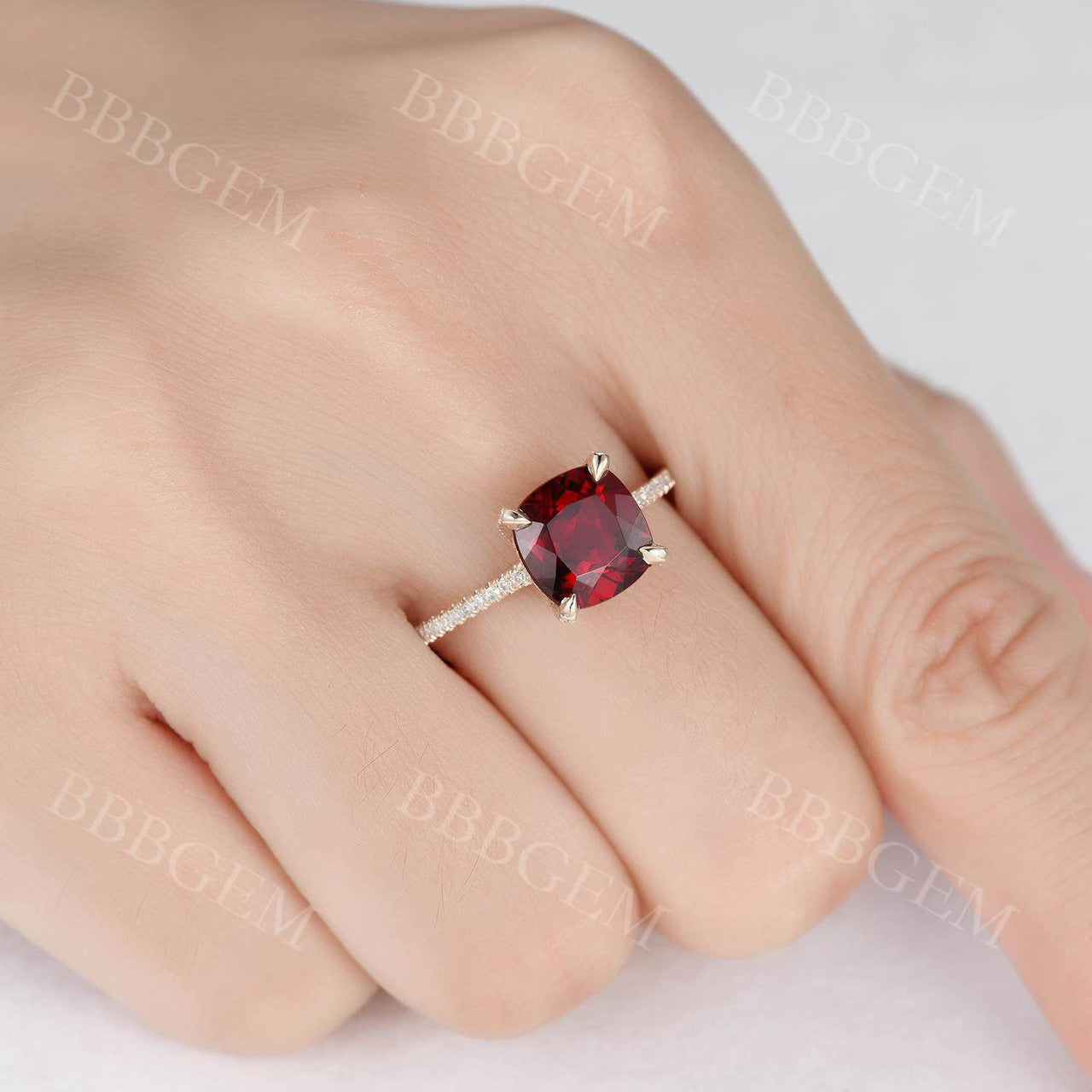 2.5 Carat Cushion Cut Red Garnet Promise Ring with Half Eternity Diamond Band in 14K Rose Gold - Perfect for Engagement, Anniversary & Romantic Gifts