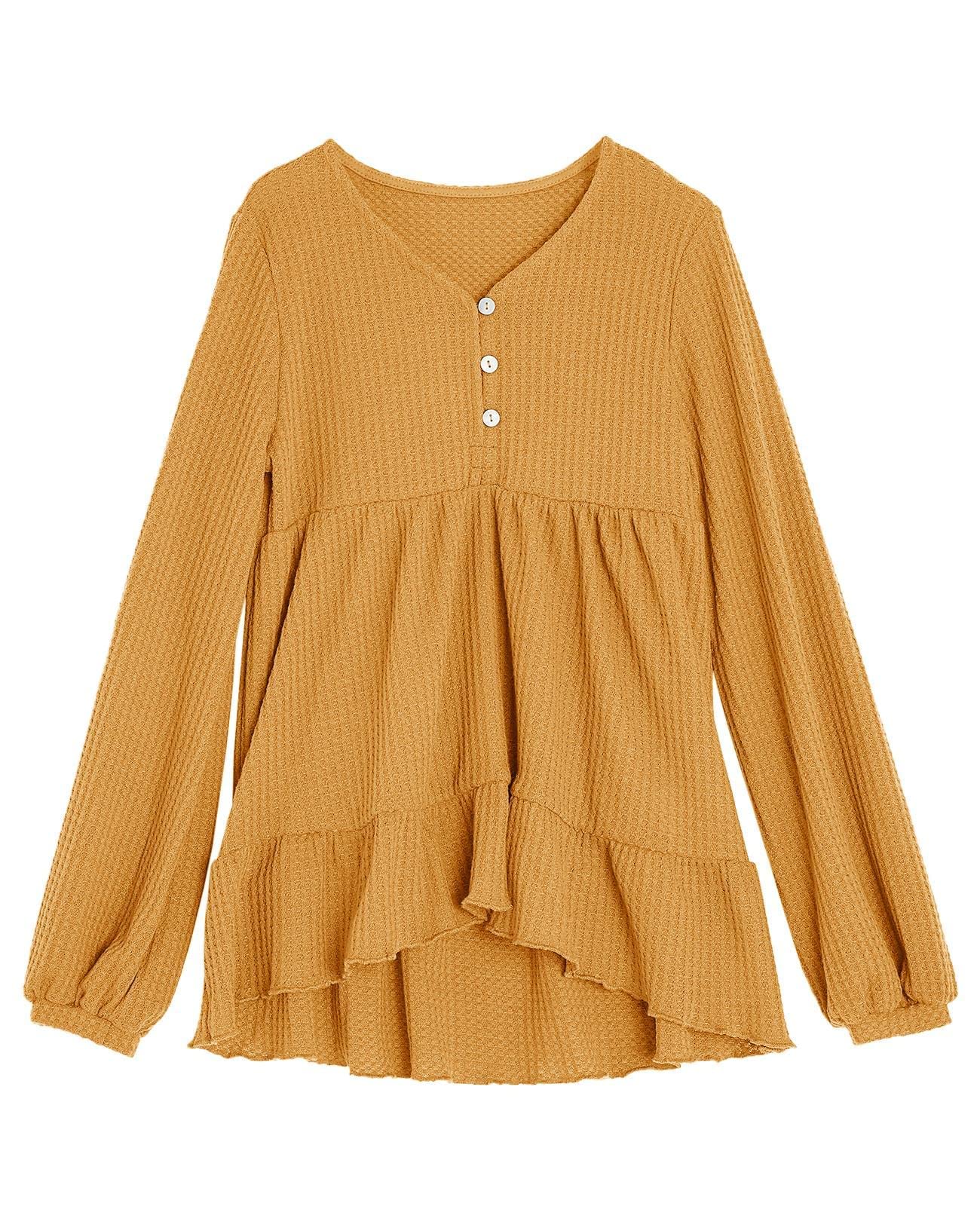 Popheartgo Girls Waffle Knit Tunic Top - Stylish Babydoll Peplum Blouse with Ruffles & High-Low Hem - Loose Long Sleeve Jumper for Kids - Perfect for School, Playdates & Casual Outings