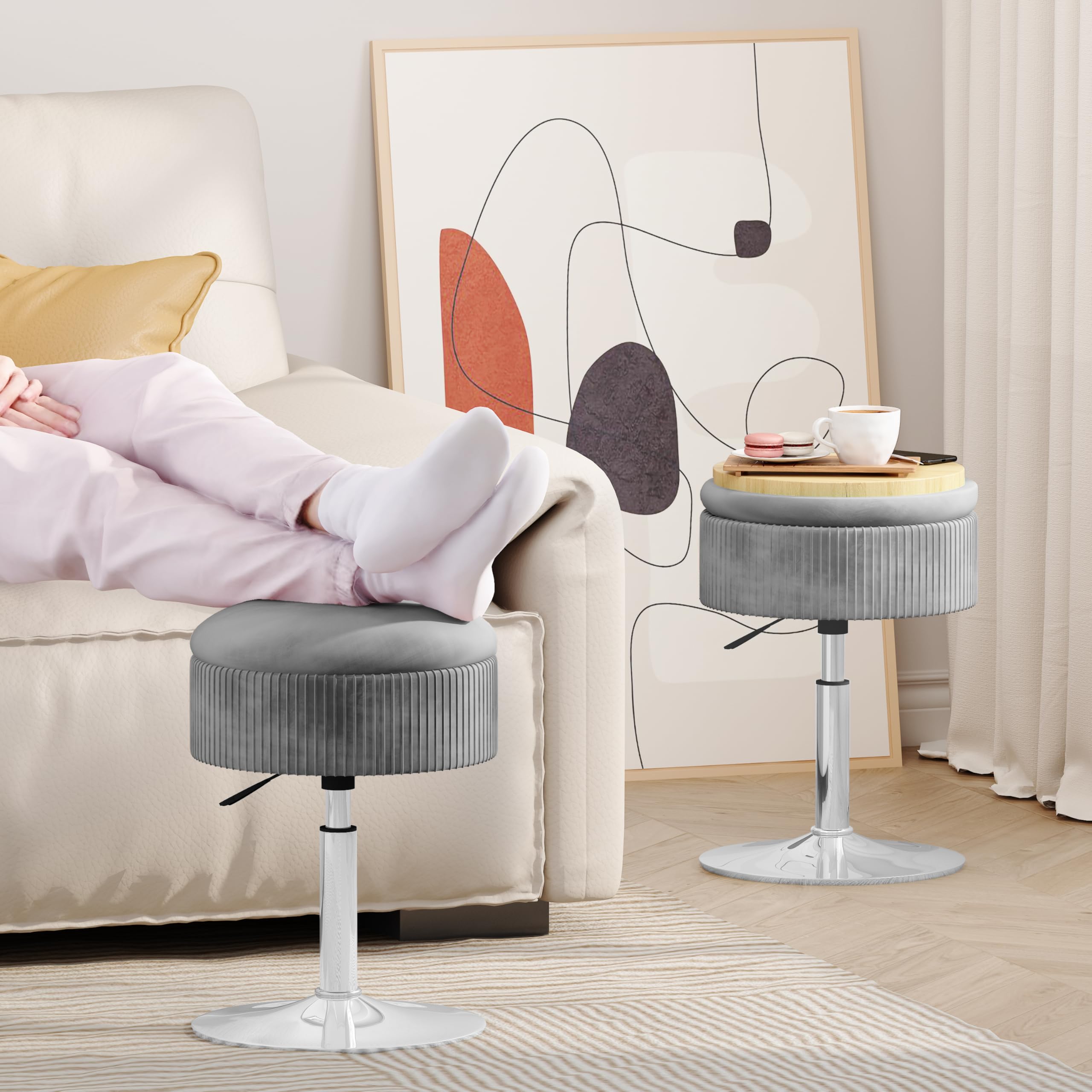 ACEQLYT® 360° Swivel Adjustable Storage Stool - Velvet Round Ottoman Chair for Vanity, Bathroom & Bedroom | Multifunctional Makeup Stool with Hidden Storage | Perfect for Dressing Tables, Small Spaces & Home Decor (Gray)