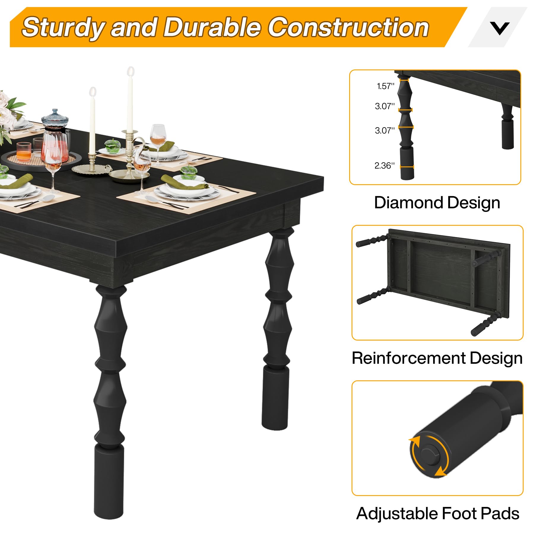 Tribesigns 62 Inch Solid Wood Dining Table for 4-6 People - Farmhouse Style Large Rectangle Kitchen Table with Carved Turned Legs - Modern Dinner Table for Kitchen & Dining Room - Perfect for Family Gatherings, Dinner Parties and Daily Meals