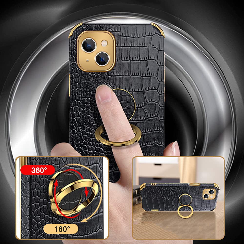 360° Rotating Ring Holder Case for iPhone 13 - Slim Soft Bumper with Crocodile/Snake Skin Texture - Protective Cover for Women & Men (6.1 Inch, Black) | Perfect for Hands-Free Viewing, Secure Grip & Everyday Protection