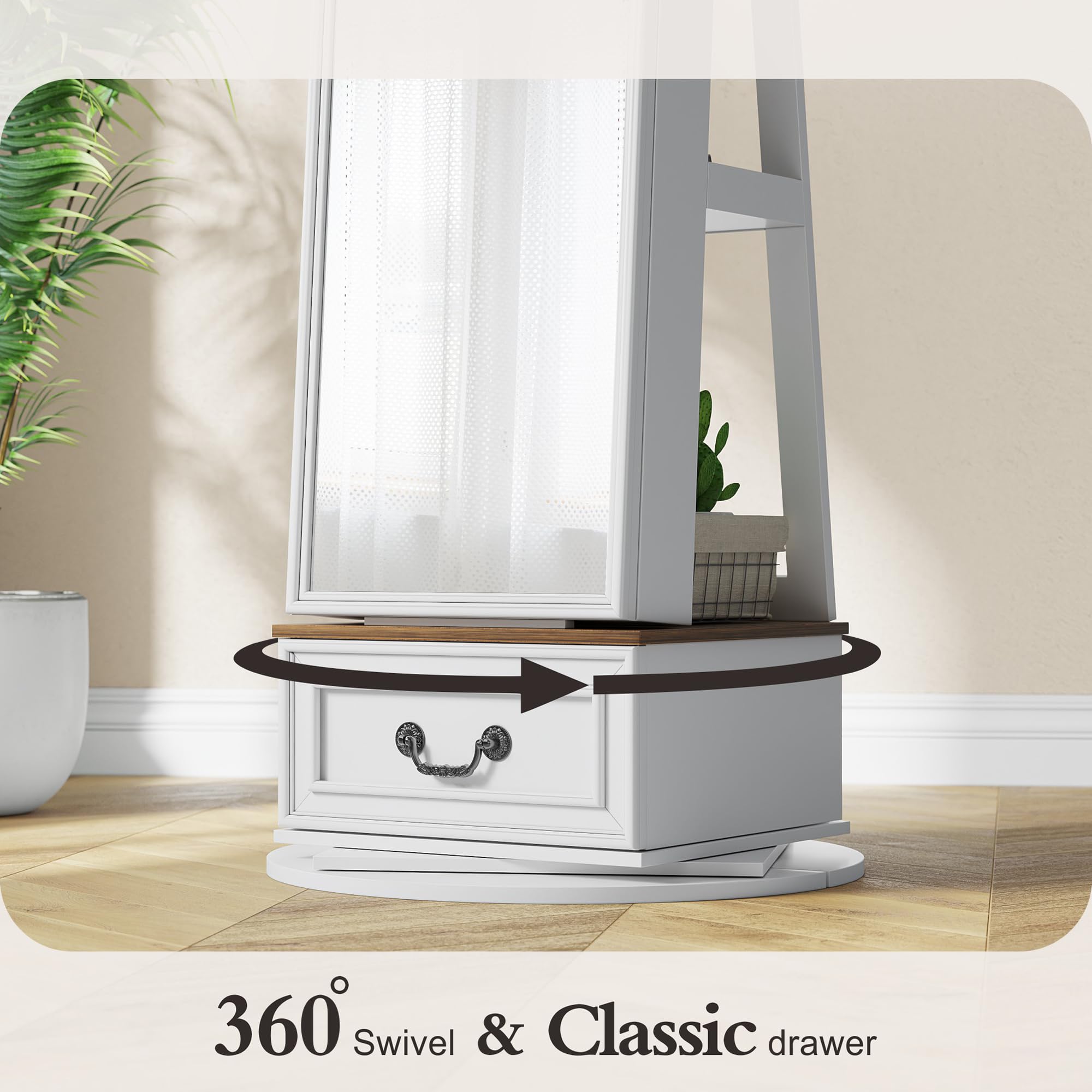 360° Swivel Jewelry Organizer with Full-Length Mirror & LED Lights - Jewelry Armoire Cabinet with Drawers - Large Mirror Storage for Jewelry & Makeup - Perfect Gift for Women, Mom, Wife & Teen Girls (White) - Ideal for Bedroom, Dressing Room & Closet Organization
