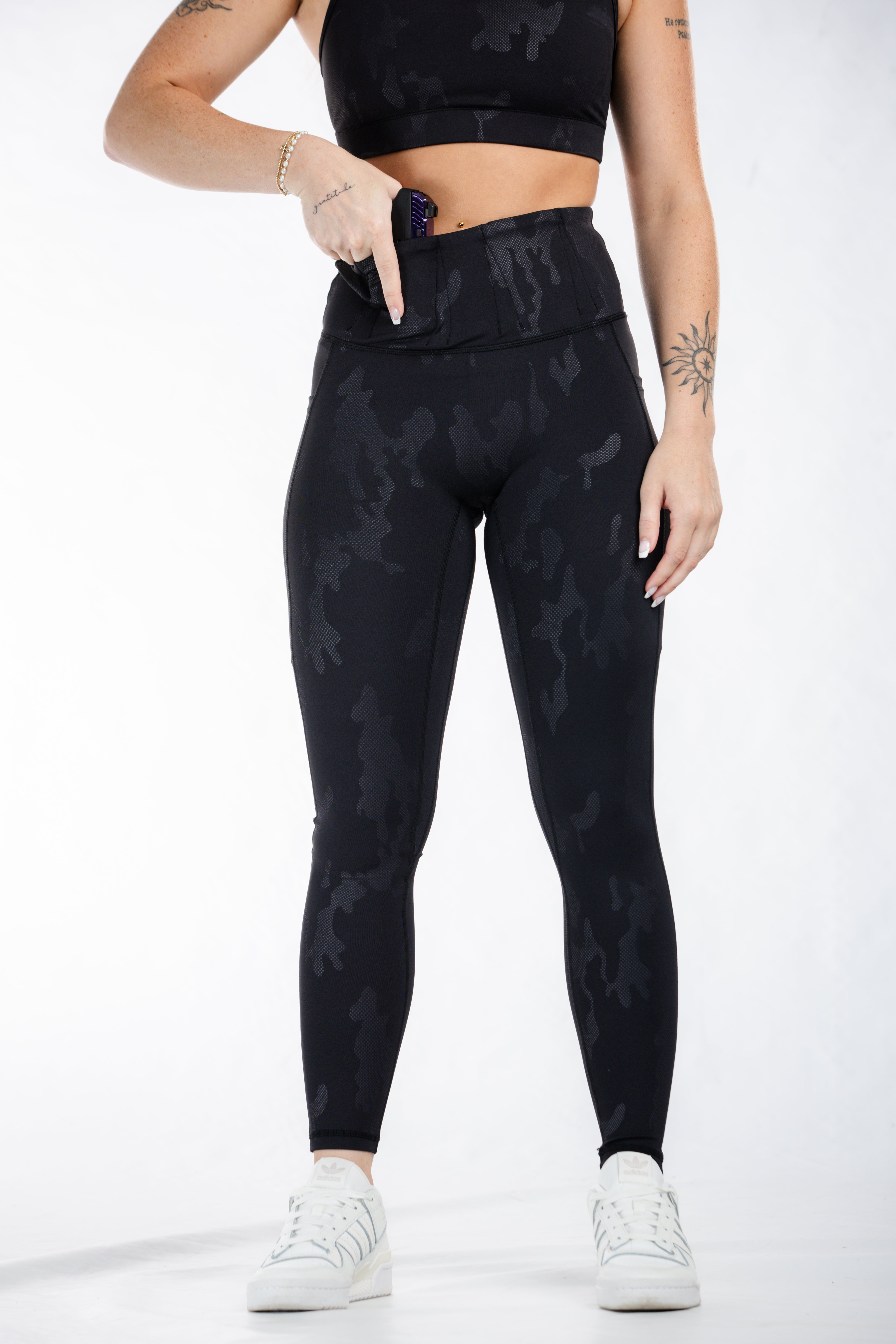 Concealed Carry Leggings with Hidden Pockets - Black Camo Print | Women's Tactical Yoga Pants for Self Defense & Outdoor Activities