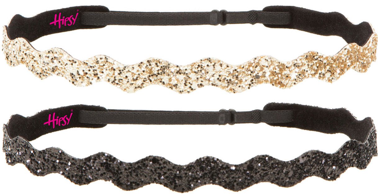Sparkly Bling Glitter Wave Adjustable No-Slip Headbands for Women, Girls & Teens - 2 Pack (Black & Gold) | Perfect for Sports, Workouts, School & Everyday Fashion Accessories