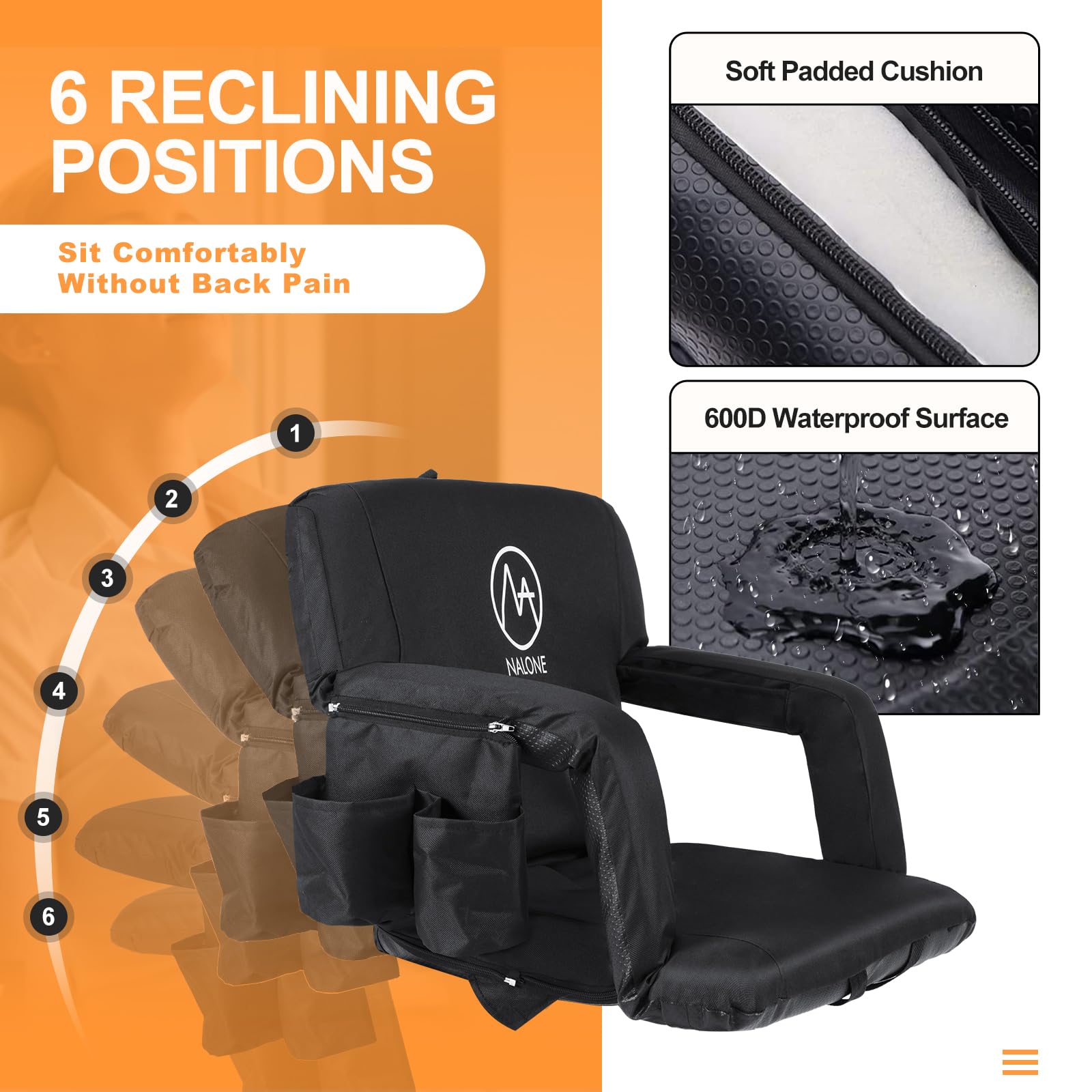 Nalone Folding Stadium Seat Set of 2 - 25 Inch Extra Wide Bleacher Chairs with Back Support, Thick Padded Cushion & Armrests - Portable Reclining Stadium Seats for Sports Games, Concerts, Outdoor Events (Black)