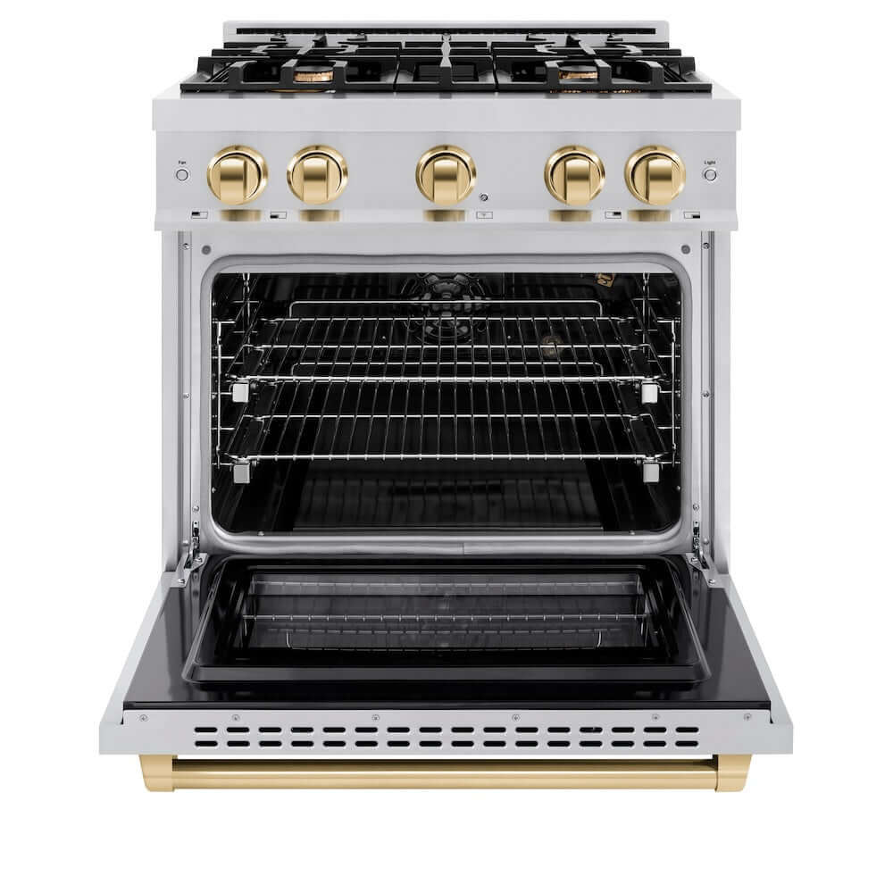 ZLINE Autograph Edition 30-inch 4.2 cu. ft. Gas Range with 4 Burner Cooktop & Convection Oven - Stainless Steel with Polished Gold Accents (HGRZ 30 G) - Perfect for Modern Kitchens & Professional Cooking