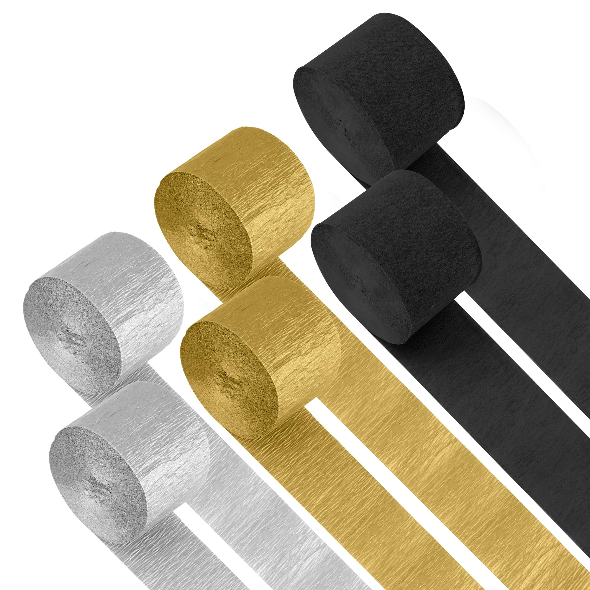 Premium Crepe Paper Streamers - 6 Rolls (492ft Total) in Black, Silver & Gold for Birthday, Wedding, Baby Shower Decorations | 2.37