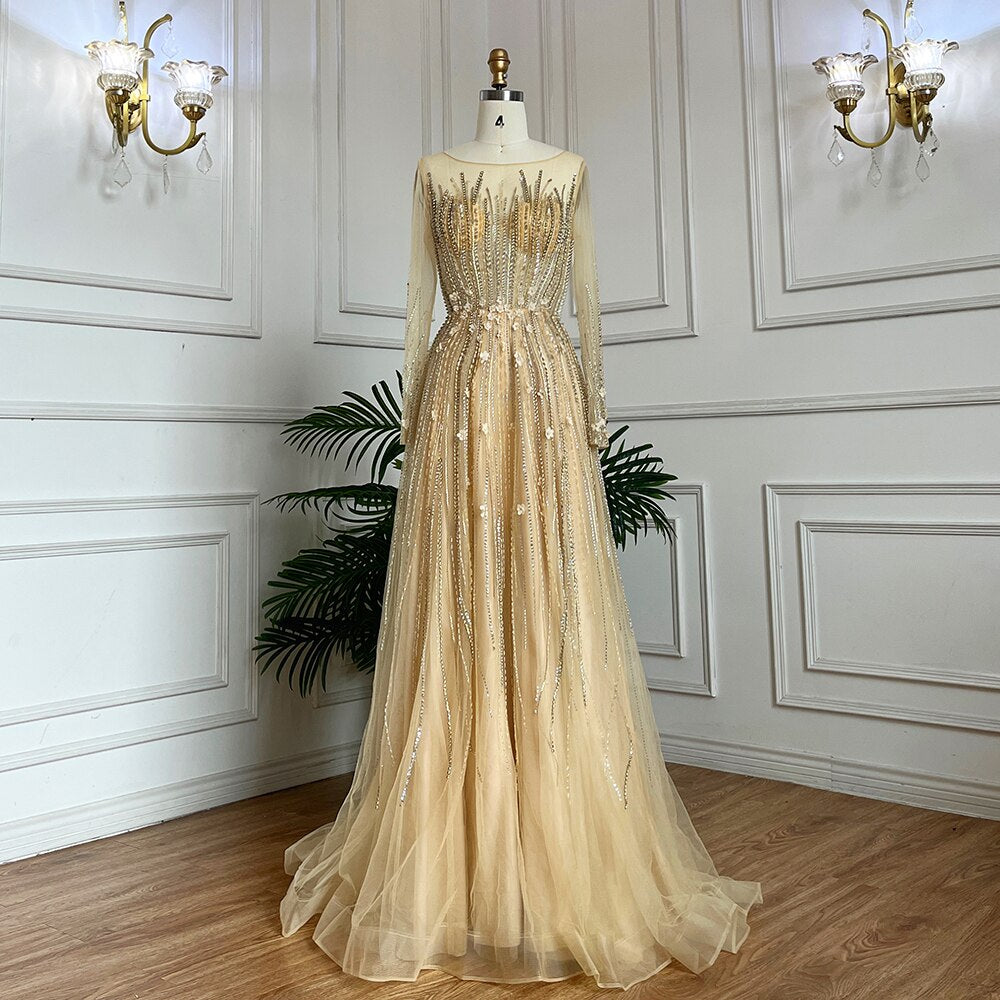 Luxury Muslim Gold A-Line Beaded Crystal Appliques Long Evening Dress for Women - Elegant Wedding & Party Gown 2025 (LA71957) | Perfect for Formal Events, Galas & Special Occasions