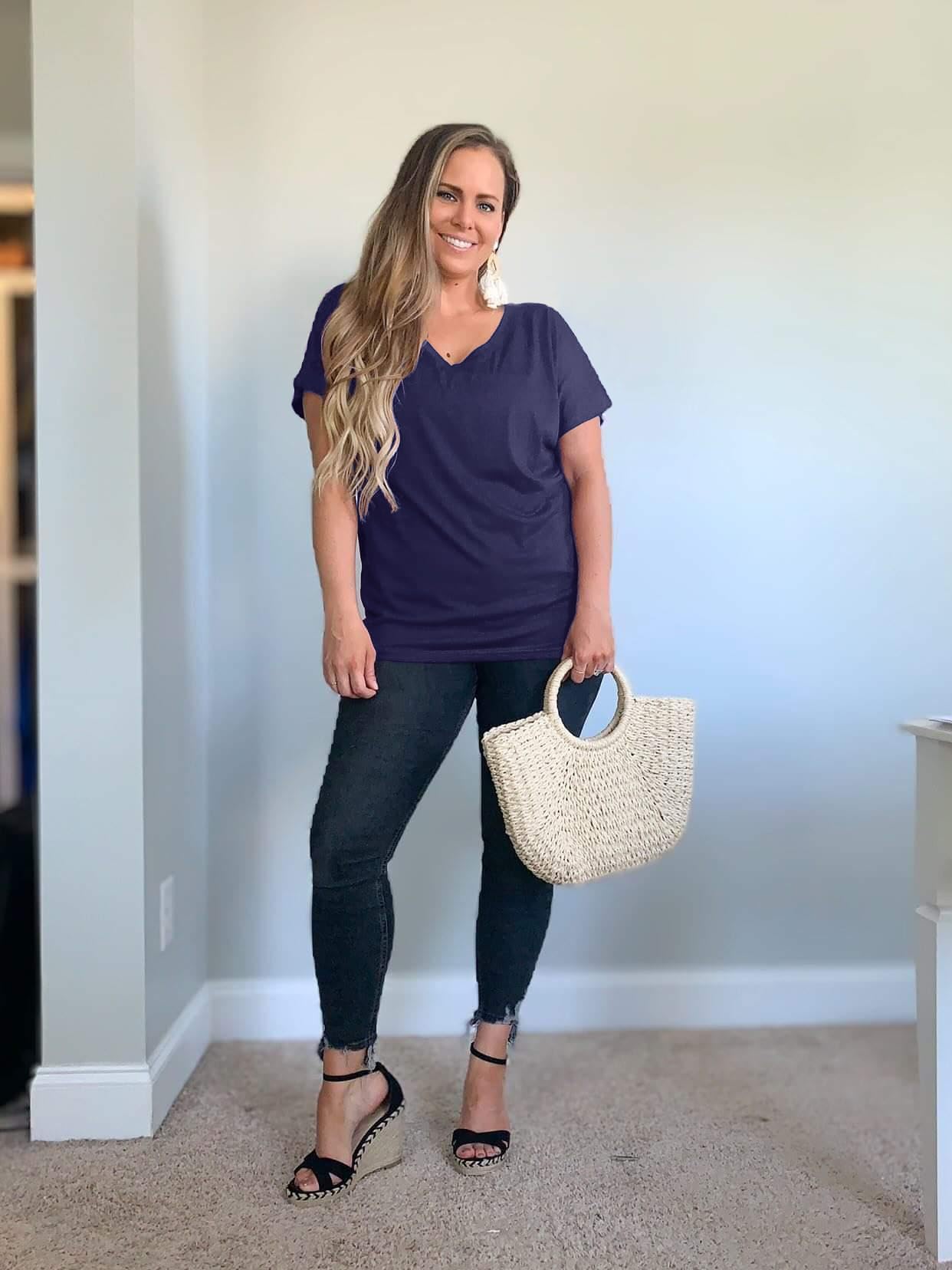 Women's Summer Dolman Sleeve V-Neck Casual T-Shirt - Breathable Comfort Top for Everyday Wear, Outings & Beach Vacations