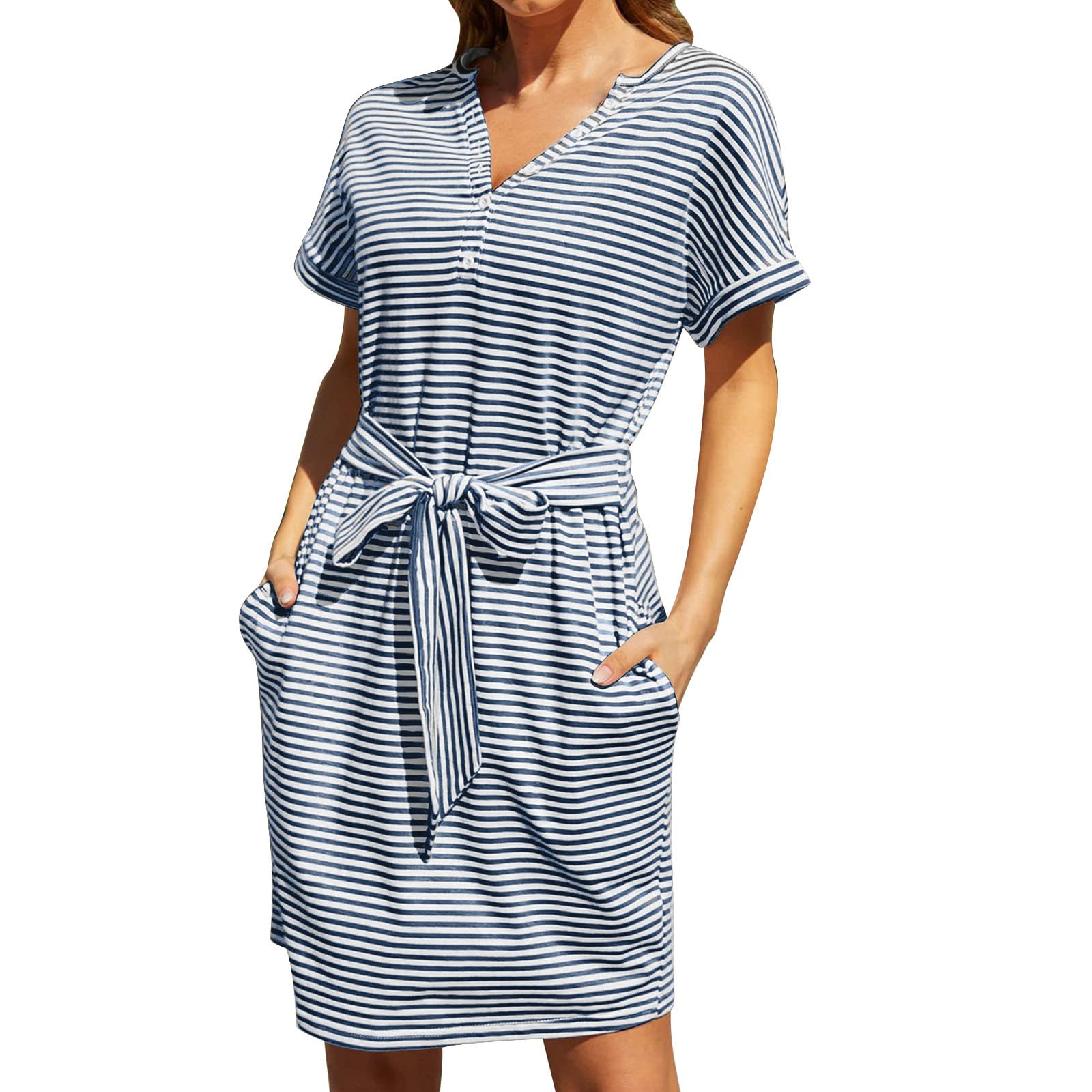 Women's Summer Short Sleeve Striped T-Shirt Dress - Casual O-Neck Tie Waist Mini Dress in White | Perfect for Beach Outings, Picnics & Summer Vacations