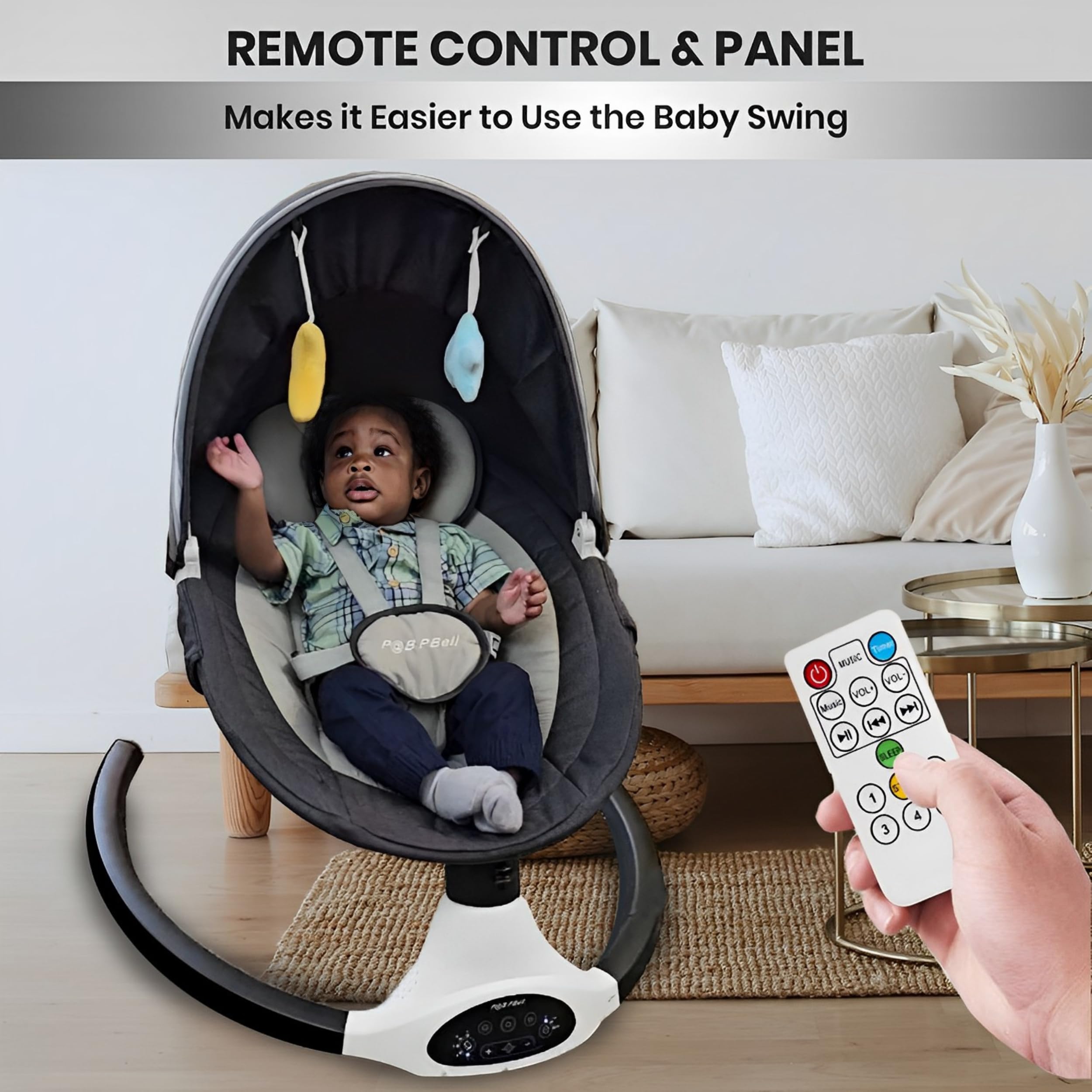 PBell Electric Baby Swing for Infants & Toddlers - Portable Bluetooth Baby Swinger with 5 Speeds, Remote Control & Music Speaker - Newborn Rocker with 5-Point Safety Belt & 2 Toys (Black) - Perfect for Nursery, Travel & Soothing Fussy Babies