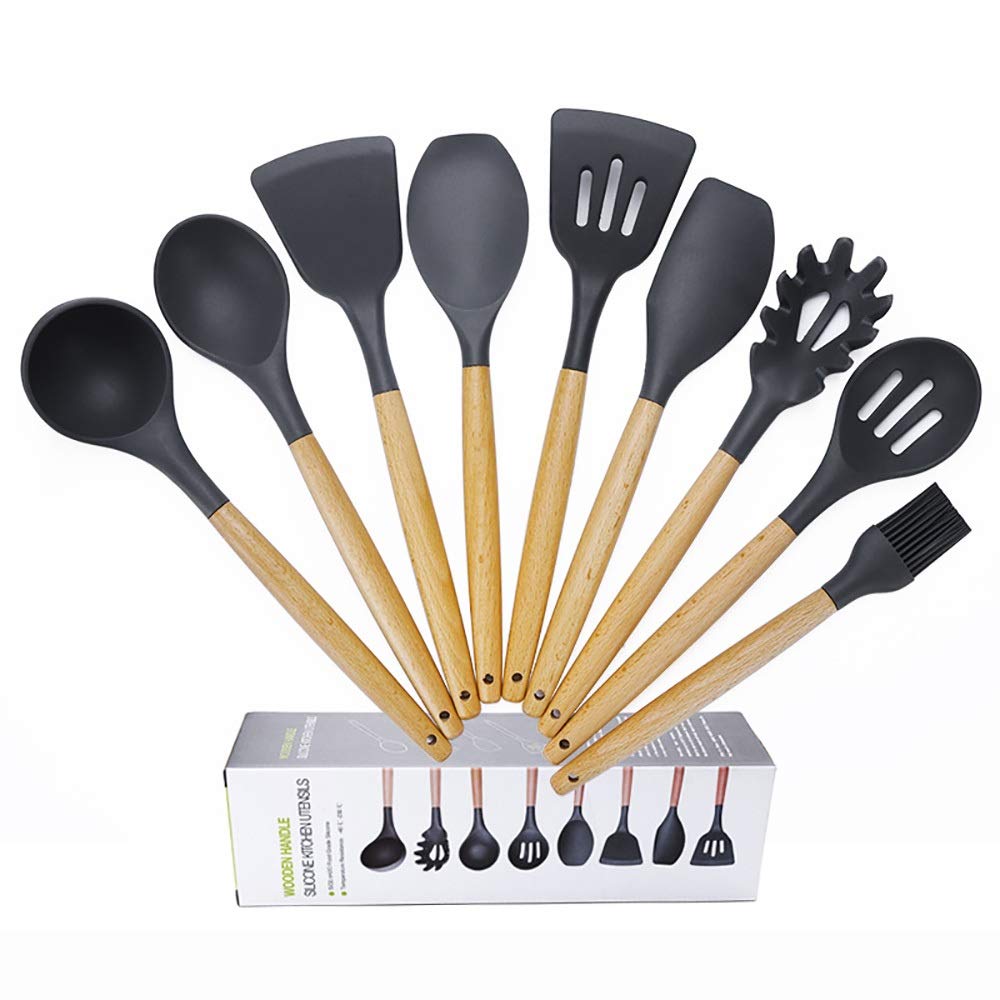 9-Piece Silicone Spatula Set with Wooden Handle - Heat Resistant & Non-Stick Kitchen Utensils for Baking, Cooking, Flipping - Gray Cookware Set (Ideal for Pancakes, Eggs, Stir-Frying & More)