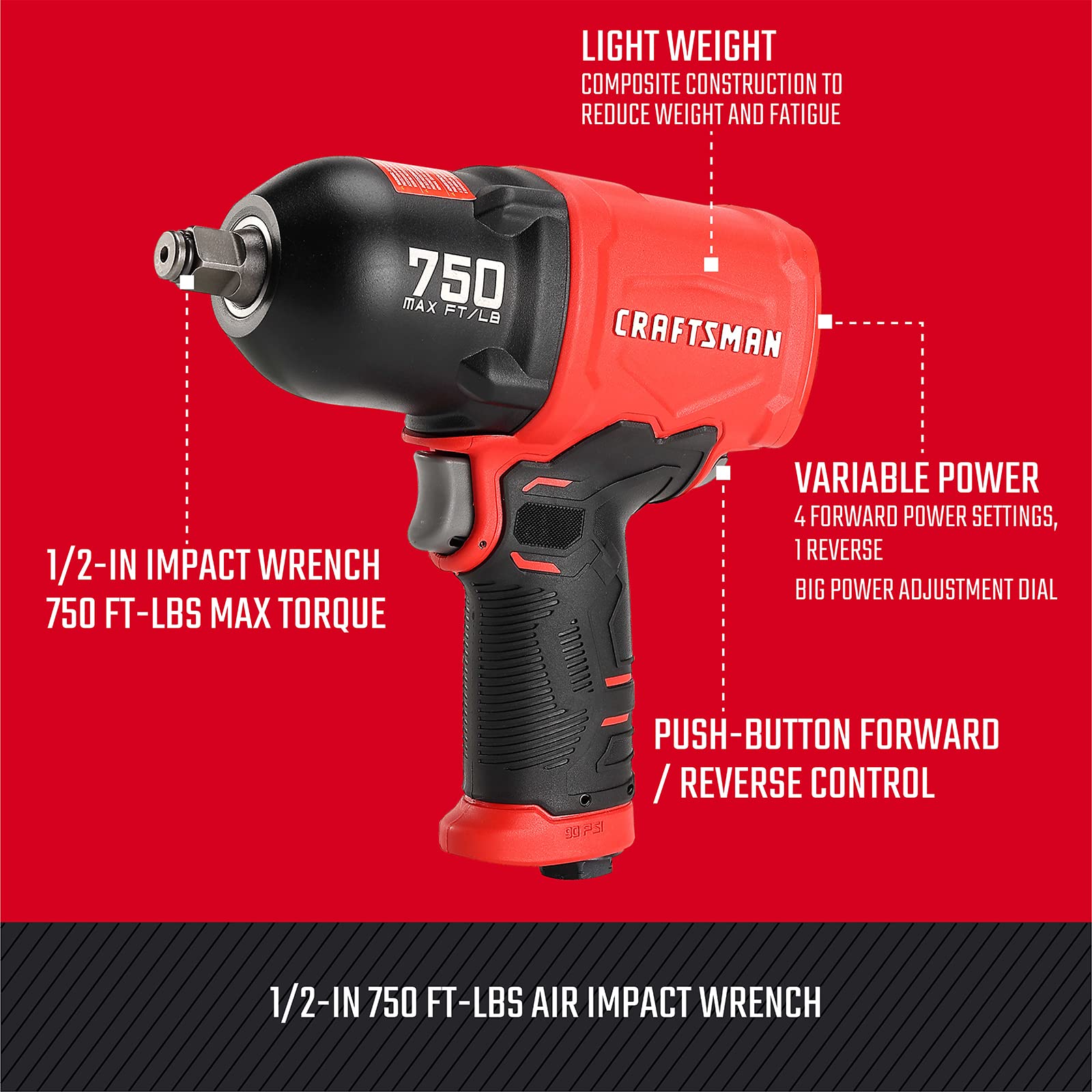 CRAFTSMAN 1/2-in 750 ft-lbs Air Impact Wrench - Heavy Duty Composite Body with Variable Power Settings, 1/4-in NPT Air Inlet - Perfect for Automotive Repairs, Tire Changes & Industrial Applications