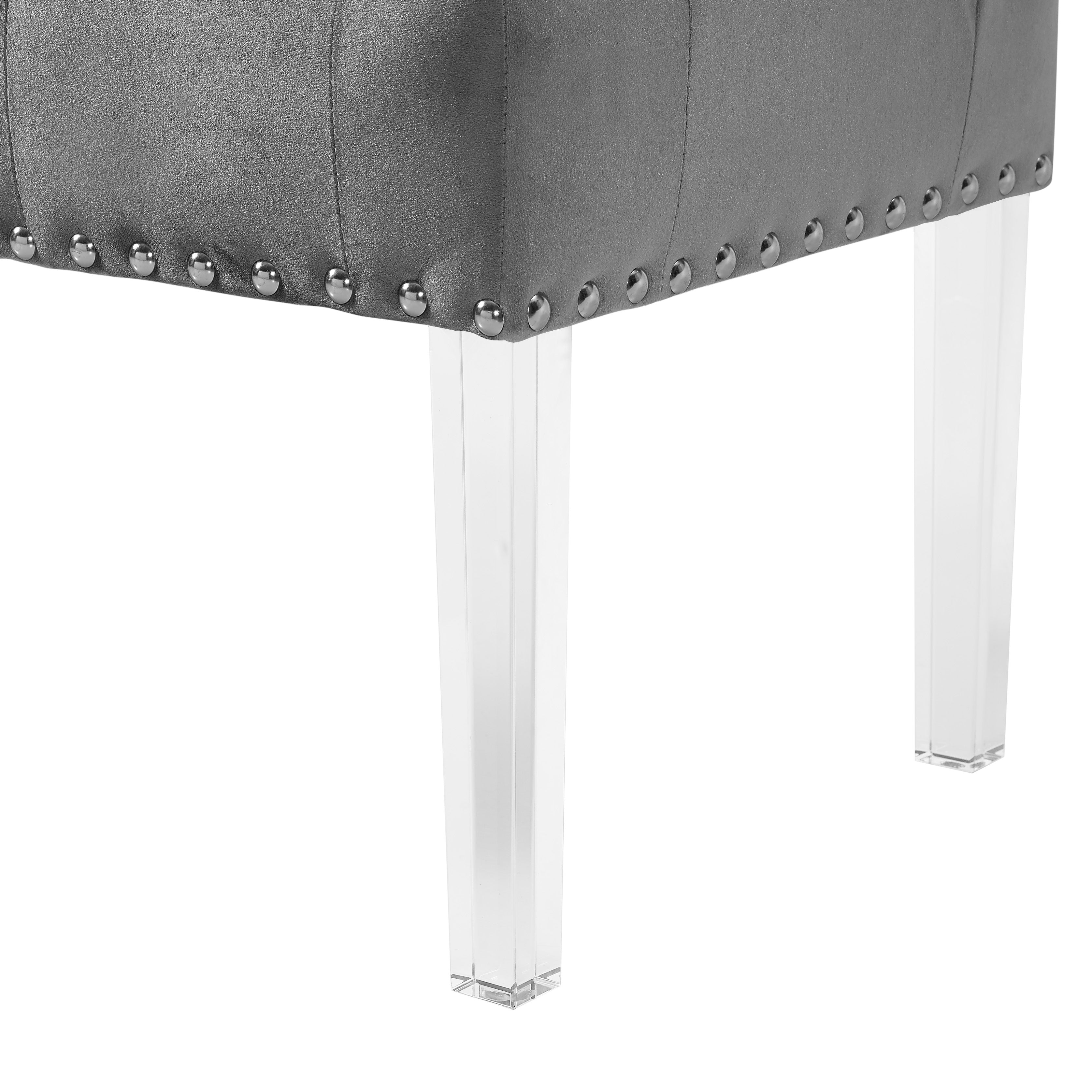 Roundhill Furniture Valley Button Tufted Velvet Upholstered Bench with Acrylic Legs - Gray Velvet Storage Ottoman for Bedroom, Living Room & Entryway