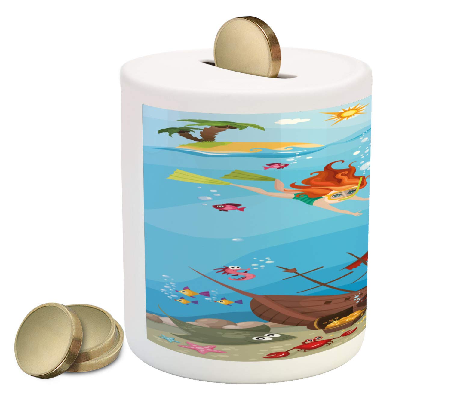Lunarable Ceramic Piggy Bank - Under The Sea Theme with Cartoon Sea Creatures, Shells & Seahorse Design for Money Saving | Nautical Decor Coin Bank for Kids & Adults | Perfect for Birthday Gifts, Home Decor & Ocean-Themed Room Accessories