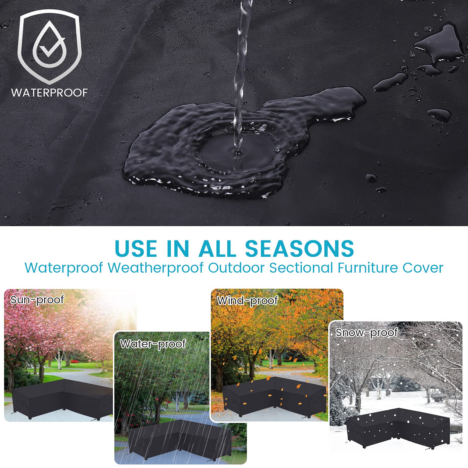 Waterproof 420D Outdoor Patio Sectional Sofa Cover - Windproof V-Shaped Furniture Protector (106