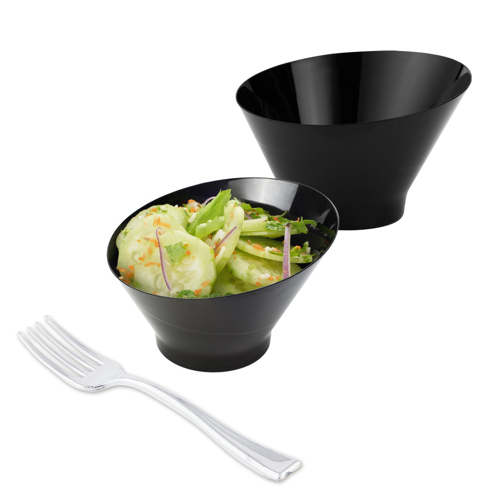 100 Pack 5 oz Round Black Plastic Small Incline Bowls with 100 Silver Plastic Mini Forks - Perfect for Party Snacks, Appetizers, Desserts & Catering Events