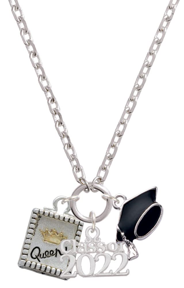 Delight Jewelry Shadow Box 'Queen' Necklace - Goldtone Crown & Silvertone Class of 2022 Graduation Gift for Her, 28