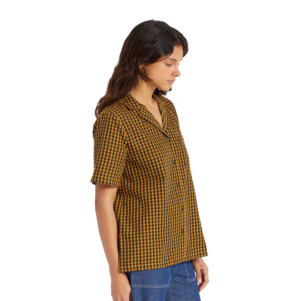 Brixton Women's Bunker Gingham Short Sleeve Woven Shirt - Medal Bronze Color - Casual Summer Outfit for Beach & Street Style