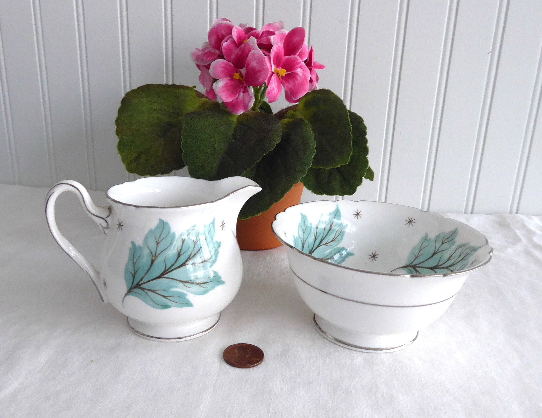 Vintage Shelley Drifting Leaves Cream & Sugar Set - Gainsborough Shape Porcelain Tea Set for Coffee & Tea Service - Perfect for Afternoon Tea, Bridal Showers & Elegant Dining
