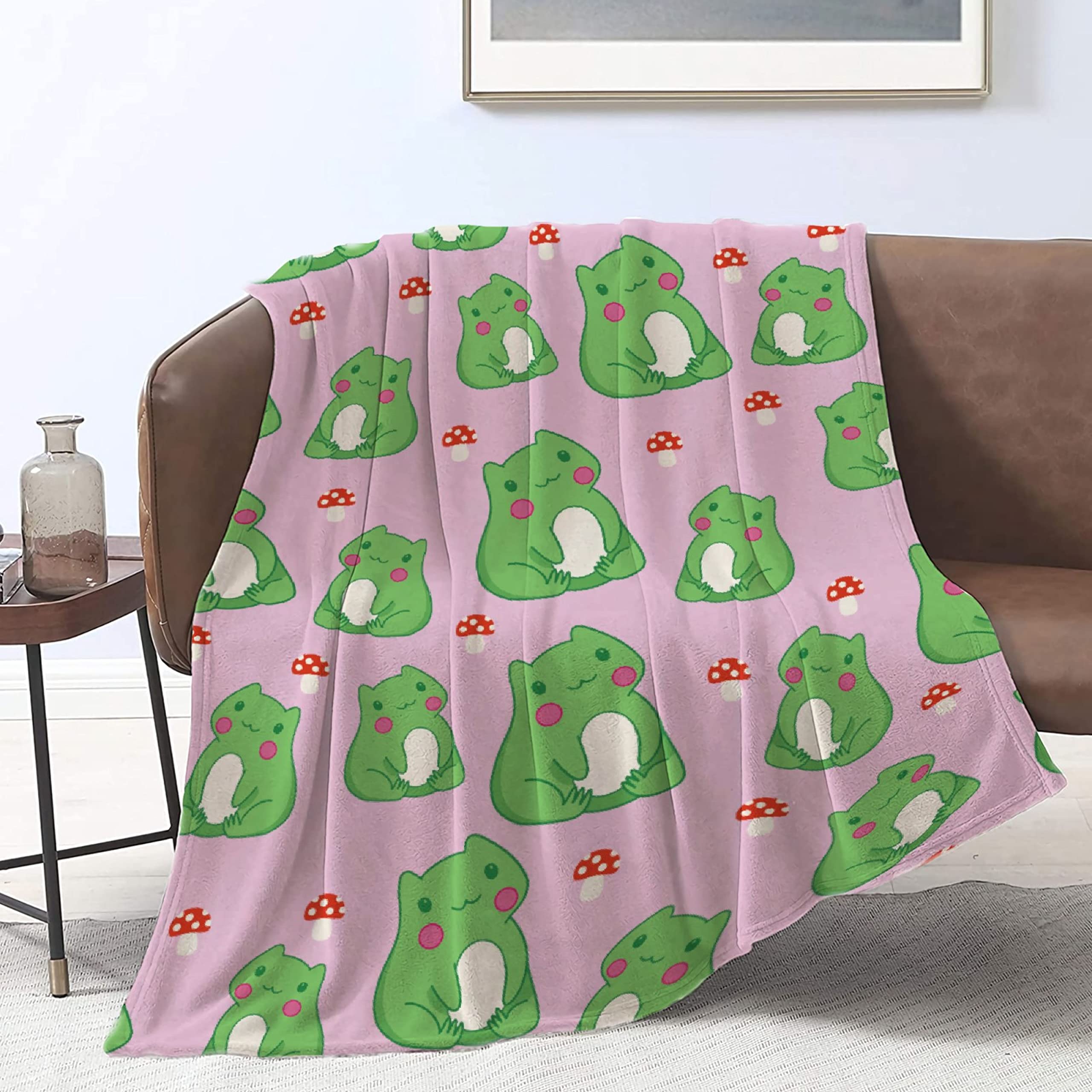 Frog and Mushroom Flannel Fleece Throw Blanket - Ultra Soft Lightweight Cozy Blanket for Couch, Sofa & Bed | XL 120x90 Inches All-Season Warm Plush Blanket for Family Gifts | Perfect for Camping, Movie Nights & Home Decor