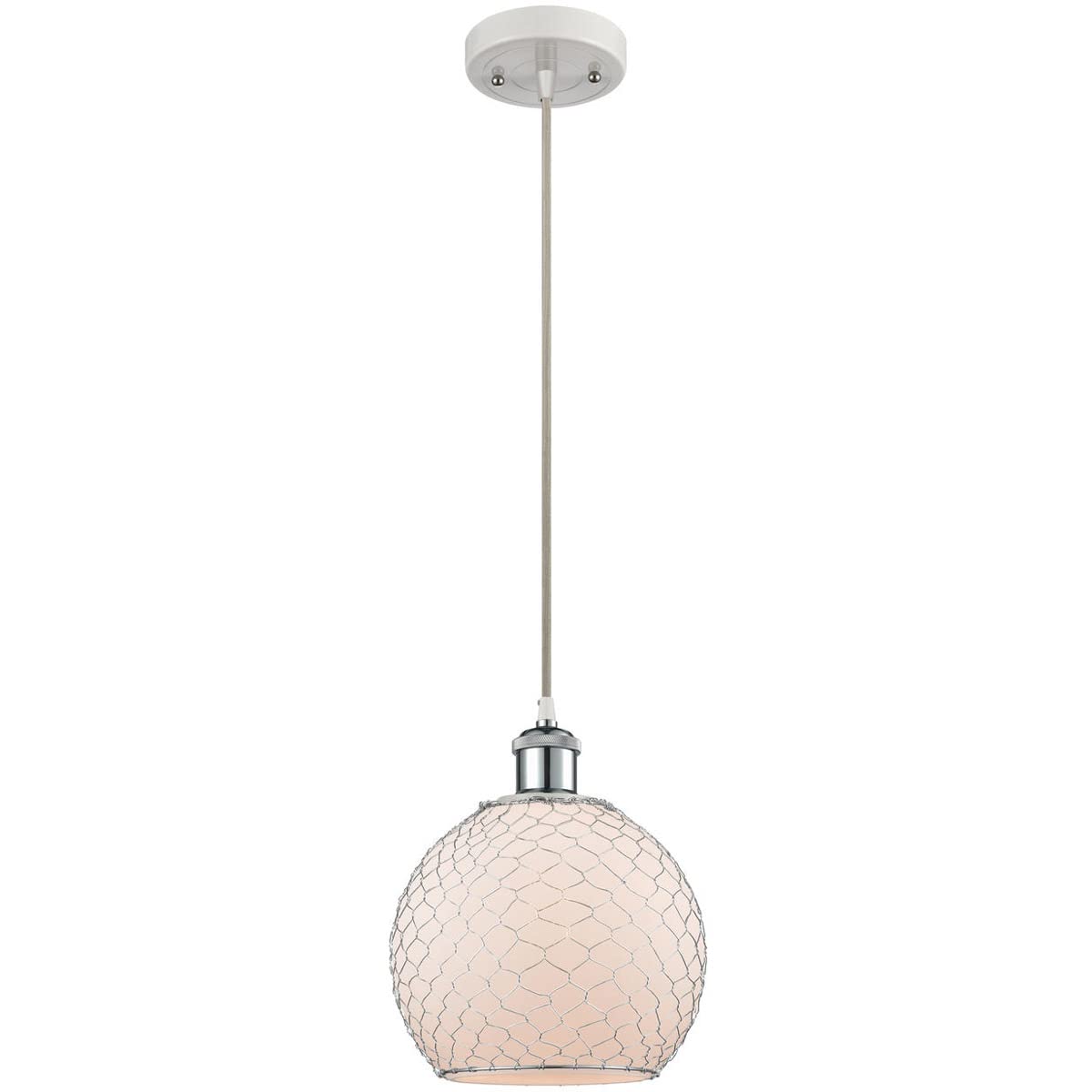 Farmhouse Chicken Wire Mini Pendant Light - 1-Light White & Polished Chrome - Ballston Collection - Perfect for Kitchen Island, Dining Room or Entryway Lighting