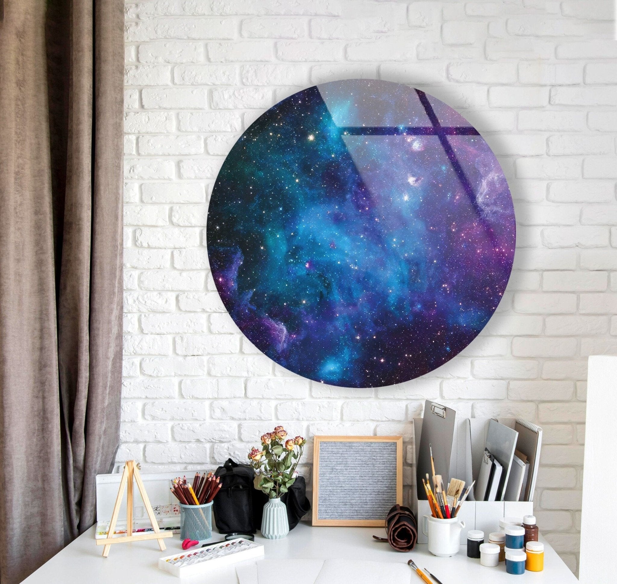Abstract Round Space-Themed Glass Wall Art - Modern Home & Office Decor for Living Room, Bedroom, or Office Spaces
