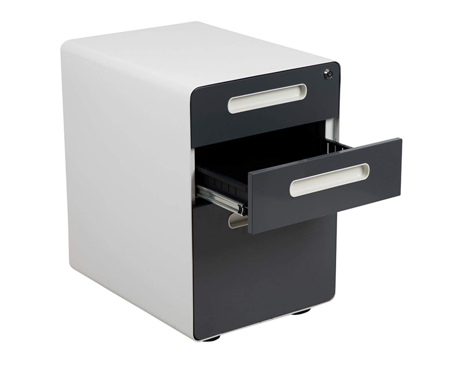 Flash Furniture Wren Ergonomic 3-Drawer Mobile Locking File Cabinet with Anti-Tilt Mechanism - Letter/Legal Size Drawers - White with Charcoal Faceplate - Perfect for Office, Home Office & Workspace Organization
