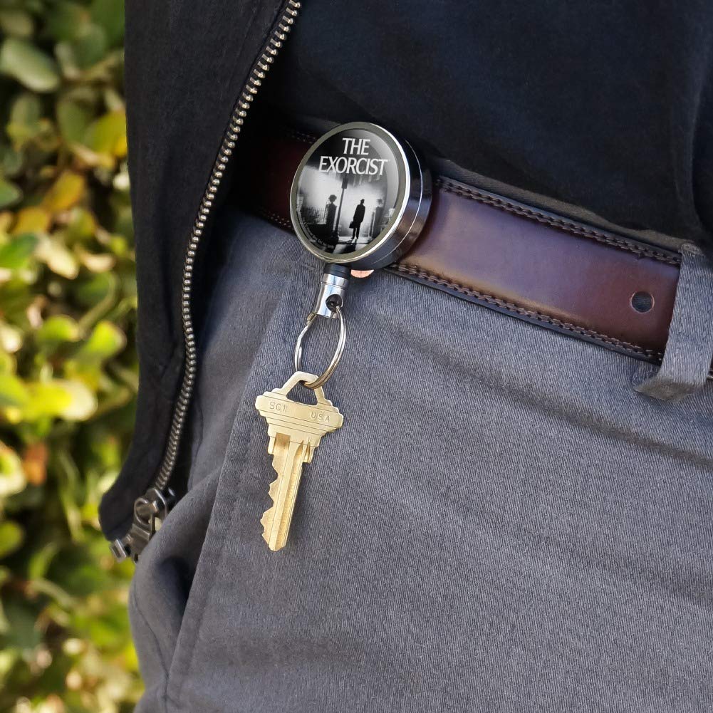 The Exorcist Logo Heavy Duty Metal Retractable ID Badge Holder - Key Card Reel with Belt Clip for Security, Office, and Halloween Cosplay
