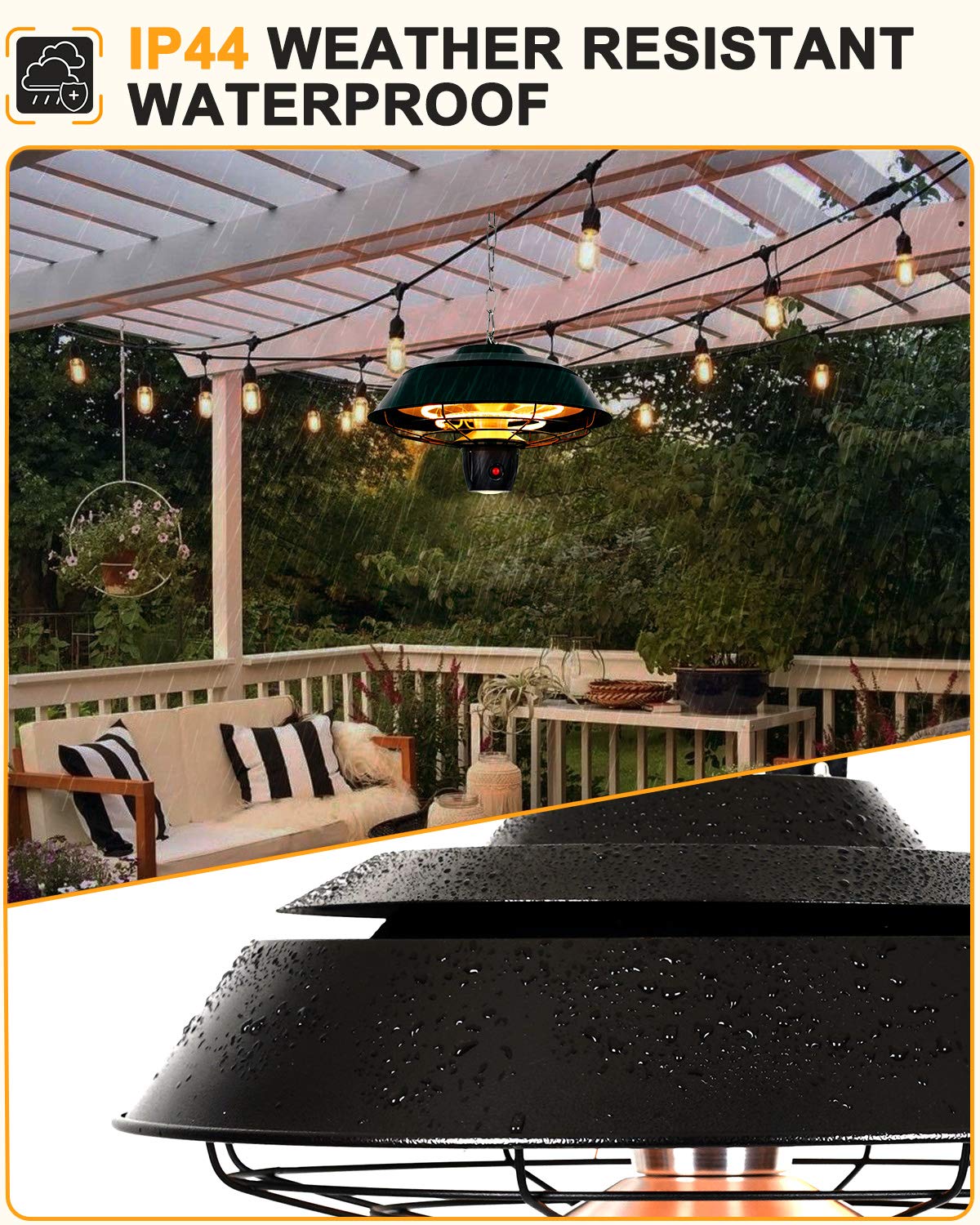 Star Patio Electric Infrared Ceiling Heater - 600W/900W/1500W Adjustable Outdoor Heater with Remote Control & Touch Switch, IP44 Waterproof, Hammer Tone Bronze Finish (Model STP1566-C-NN2024) - Perfect for Patios, Decks, Restaurants and Outdoor Dining Areas