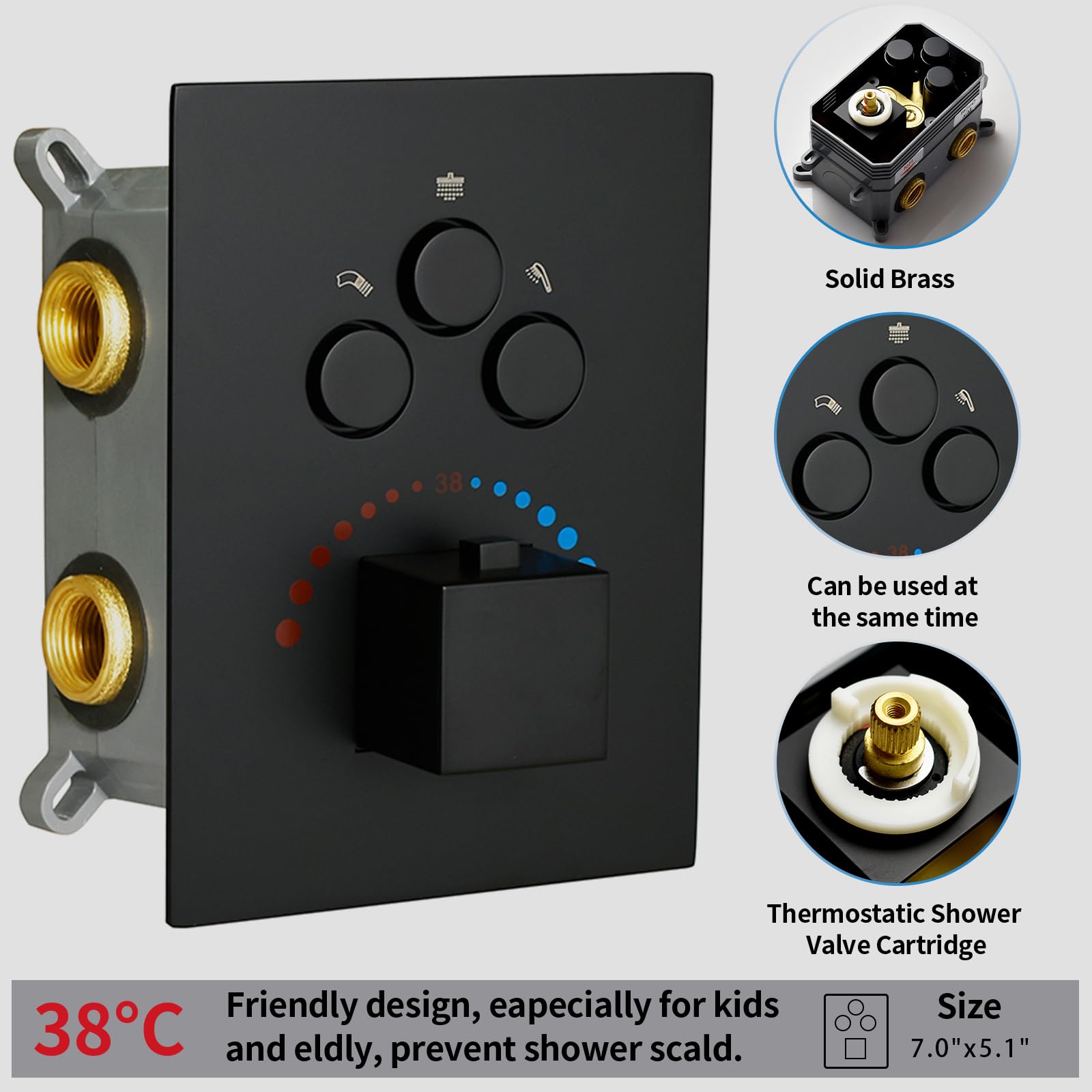 12 Inch Black Thermostatic Shower System - Wall Mounted Full Body Shower Faucet Set with 4PCS Body Jets | Modern Bathroom Fixtures for Spa-Like Experience at Home