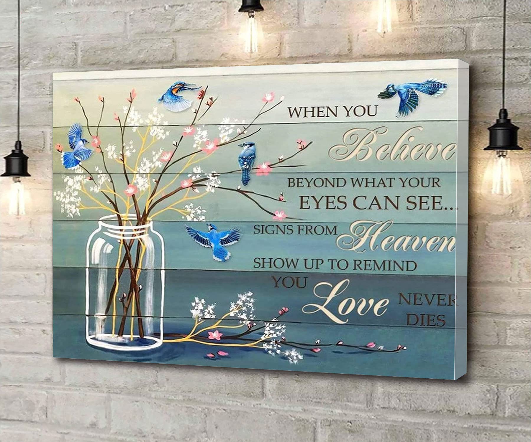 Blue Jay Bird 'When You Believe' Canvas Wall Art - 8''x12'' Framed Painting for Living Room, Bedroom, Bathroom & Office Decor - Inspirational Home & Gift Idea