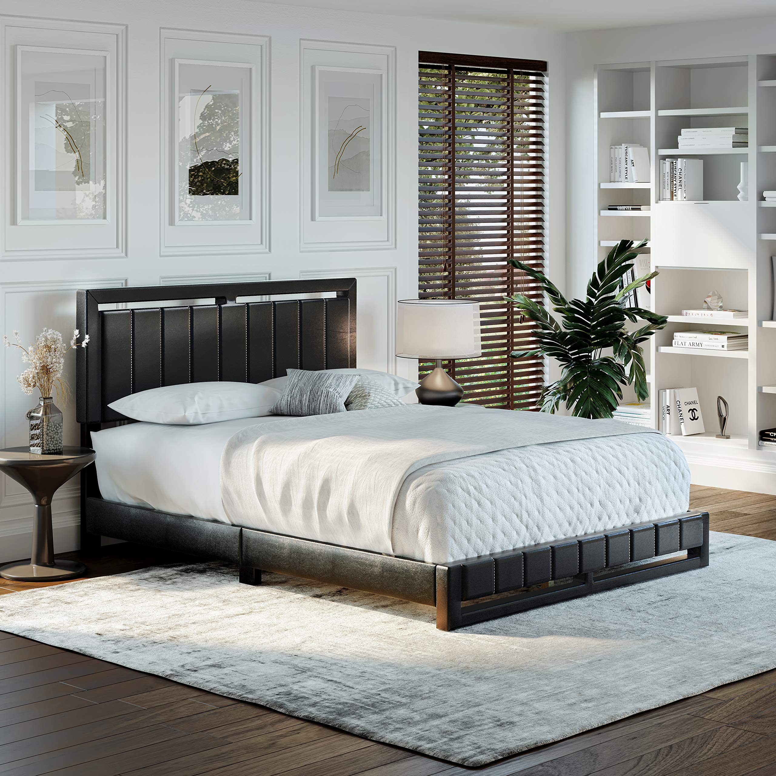Boyd Sleep Beaumont King Size Upholstered Platform Bed with Headboard - Black Faux Leather - 14 Wood Slat Support - No Box Spring Needed - Sturdy Mattress Foundation for Bedroom, Guest Room & Master Suite