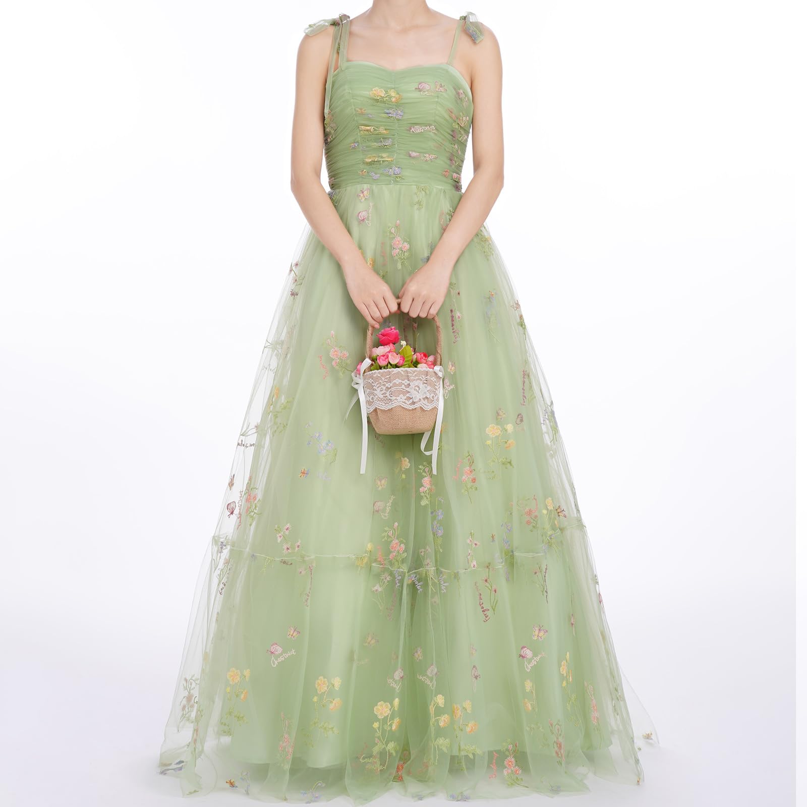 Elegant Long Floral Embroidered Maxi Dress for Women - Spaghetti Strap Wedding Party Prom Gown with Tulle Skirt | Perfect for Formal Events, Beach Weddings & Summer Evenings