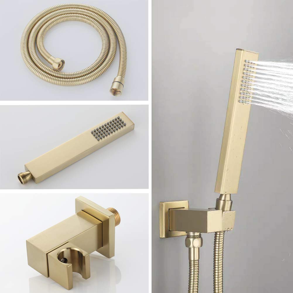 Luxury 10 Inch Rain Shower Head with Handheld Mixer - Champagne Bronze Wall Mounted Shower System - Brushed Gold Copper Finish - Spanish Circuit Valve Cartridge - Perfect for Modern Bathrooms & Spa-Like Experience