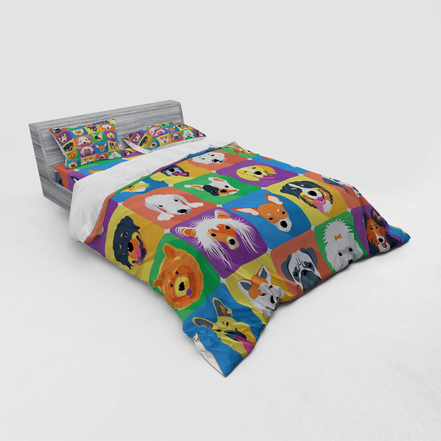 Ambesonne 4-Piece Dog Breeds Duvet Cover Set - Queen Size, Purple & Green Pet Shepherd Terrier Labrador Design | Soft Bedding with Shams & Fitted Sheet for Dog Lovers' Bedroom Decor