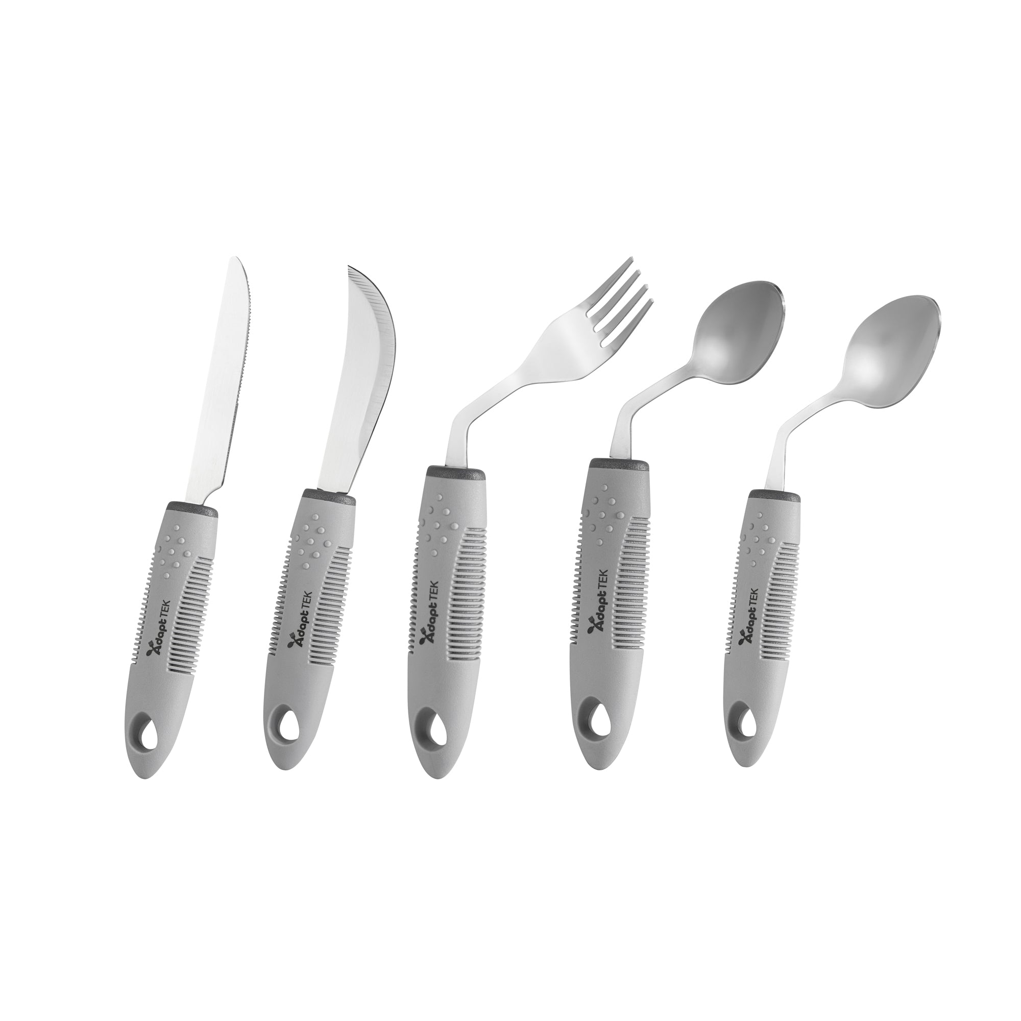 Adapt Tek Gray Stainless Steel 5-Piece Adaptive Offset Utensil Set for Left-Handed Users - Lightweight, Non-Slip Grip - Perfect for Arthritis & Limited Mobility - Kitchen & Dining Essentials (1 Count)