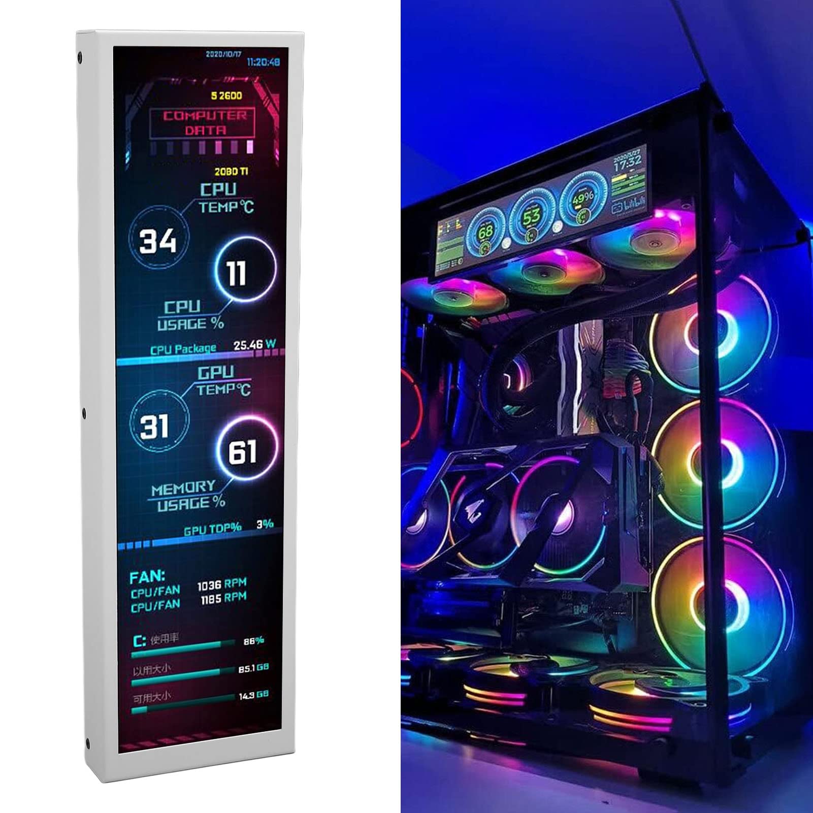 GOWENIC 8.8 Inch LCD Temperature Monitor for PC - 1920x480 Resolution, 60Hz Refresh Rate, AIDA64 Compatible for Real-Time CPU GPU SSD Monitoring - Perfect for Gaming Rigs and Workstations