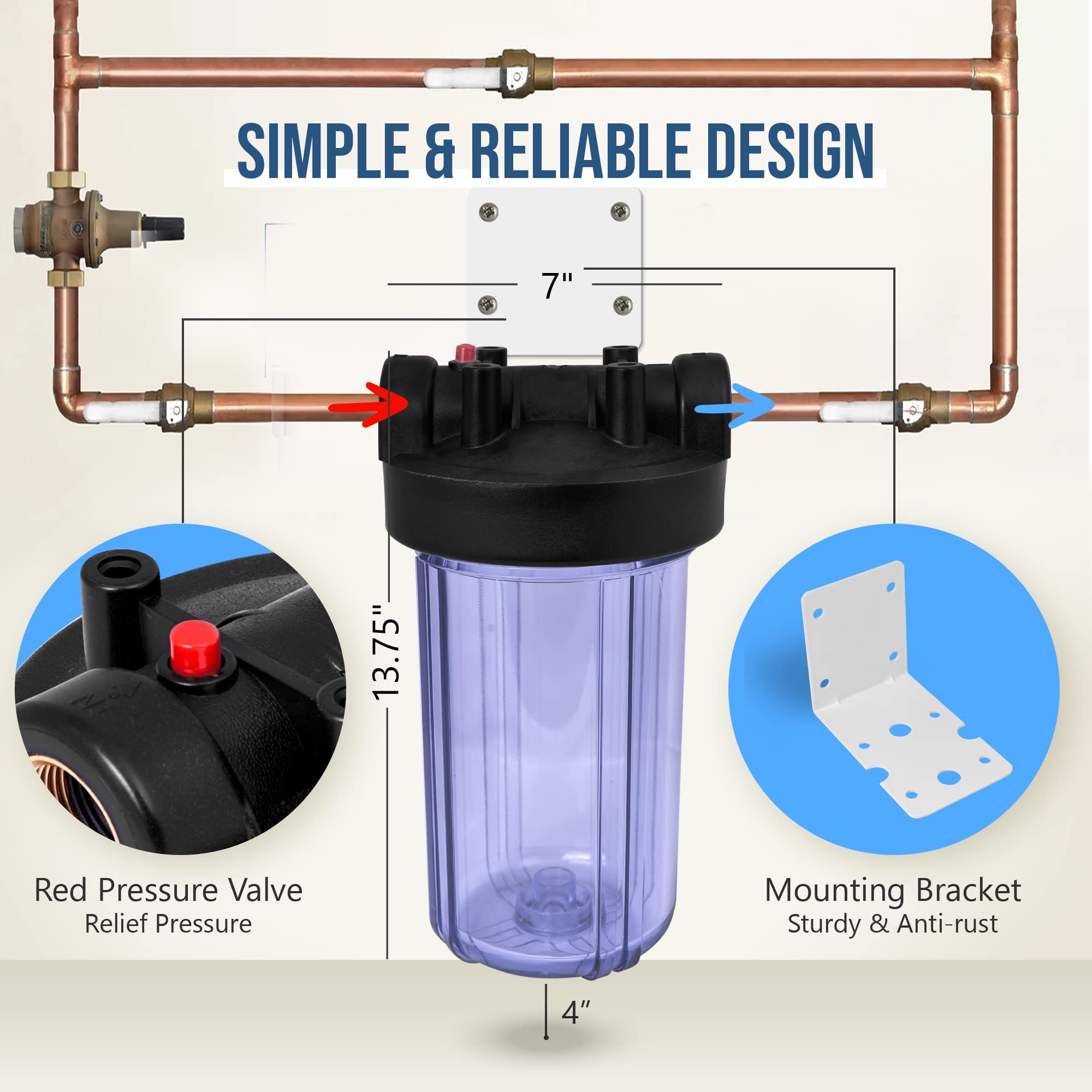 10 x 4.5-Inch Whole House Water Filtration System - High Capacity Transparent Filter with Pressure Relief Button, 1