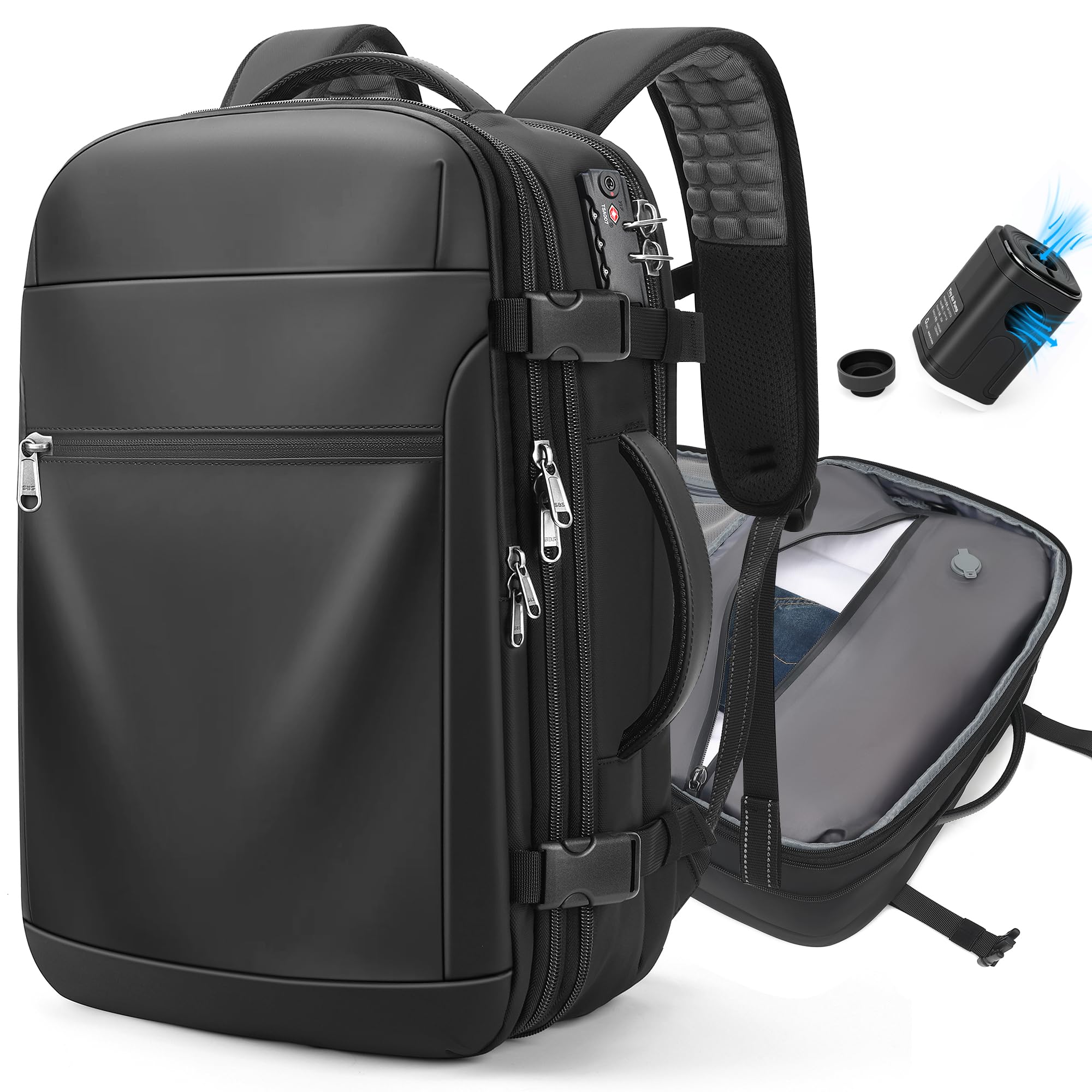 Airback Vacuum Seal Compression Travel Backpack 60L Expandable - Water Resistant TSA Lock Airbag with Electric Pump for Camping, Hiking & International Travel - Black