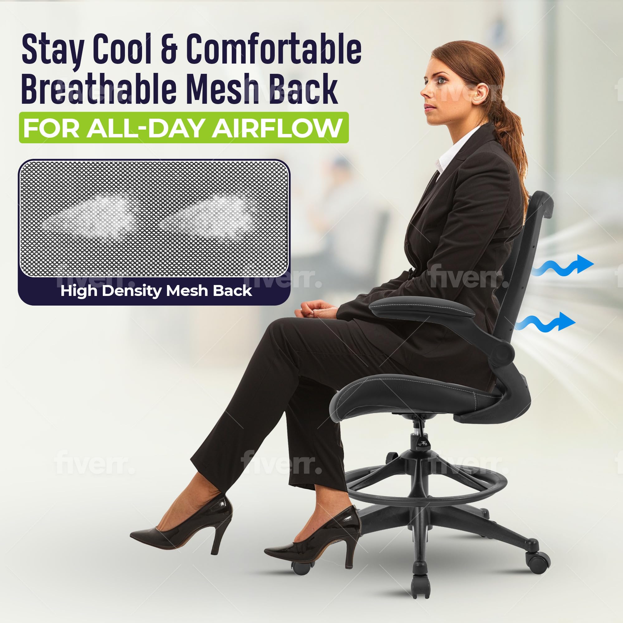 OfficeFactor Ergonomic Drafting Chair - Adjustable Height Tall Office Chair with Flip-Up Armrests, 300 lb Weight Capacity, Mesh Back & Comfortable Leather Seat (Black) - Perfect for Standing Desks, Architects, Artists and Home Office Workspaces