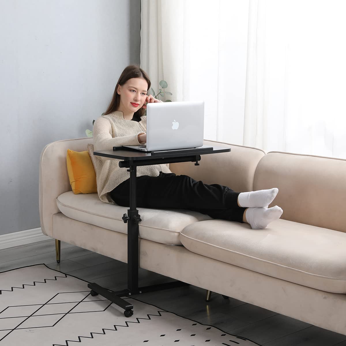 Adjustable Overbed Table with Wheels - Portable Rolling Laptop Tray & Bedside Desk Cart for Hospital, Home, or Office Use - Ideal for Working, Eating, Reading in Bed or Recovering Patients