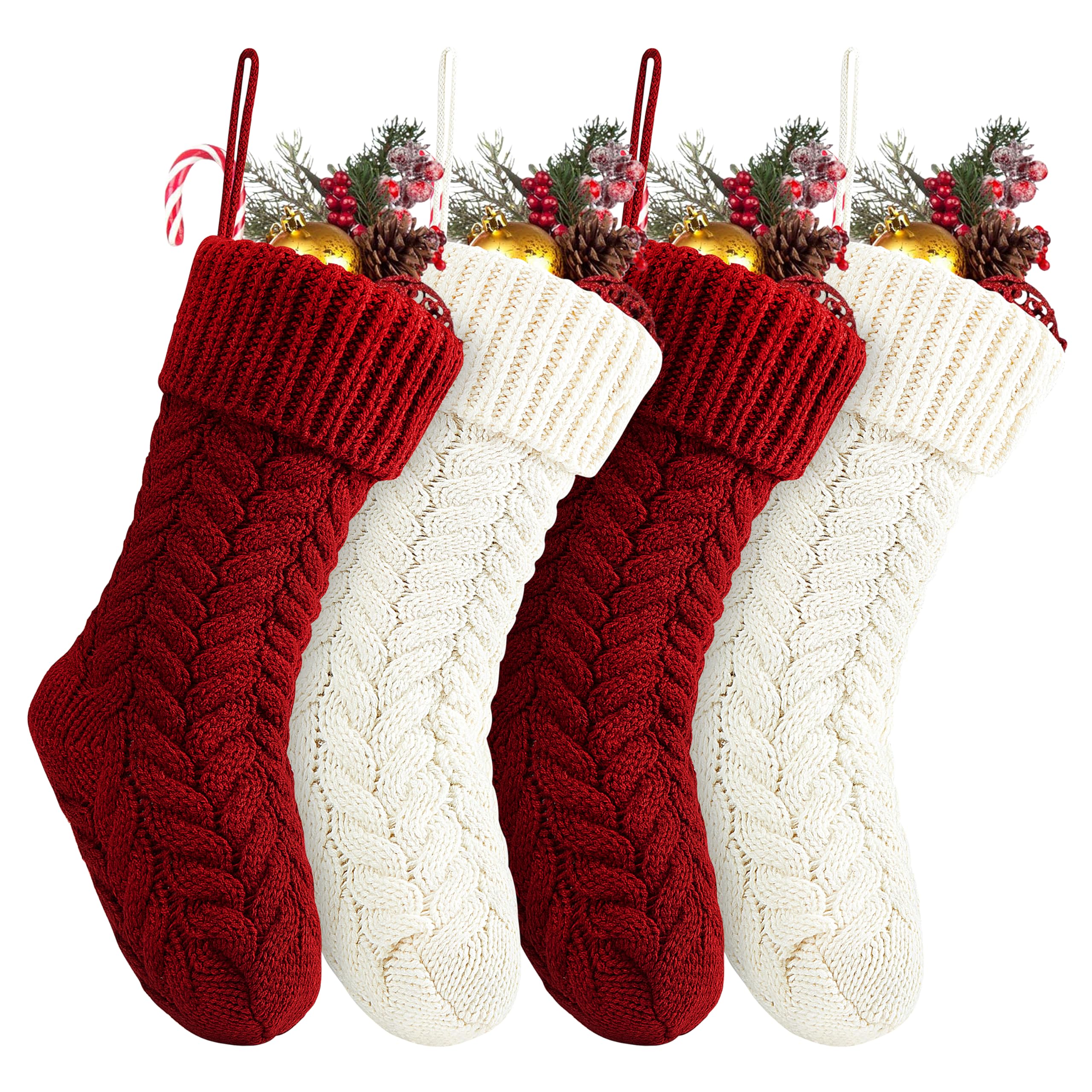Fesciory 18 Inch Christmas Stockings Bulk Pack of 4 - Large Cable Knit Fireplace Hanging Stockings for Holiday Decor - Burgundy & Ivory White Xmas Stockings | Perfect for Family Christmas Parties, Fireplace Decorations & Festive Home Decor