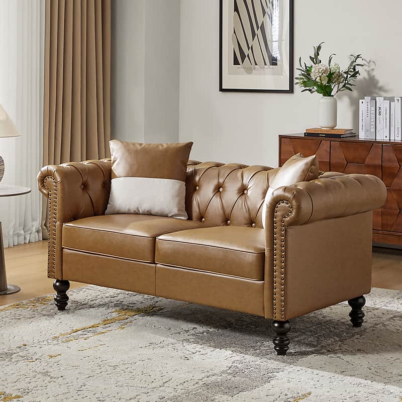 Premium Olga PU Leather Classic Rolled Arms Sofa - Modern Living Room Furniture with 2 Decorative Throw Pillows | Perfect for Small Spaces, Apartments & Cozy Home Decor