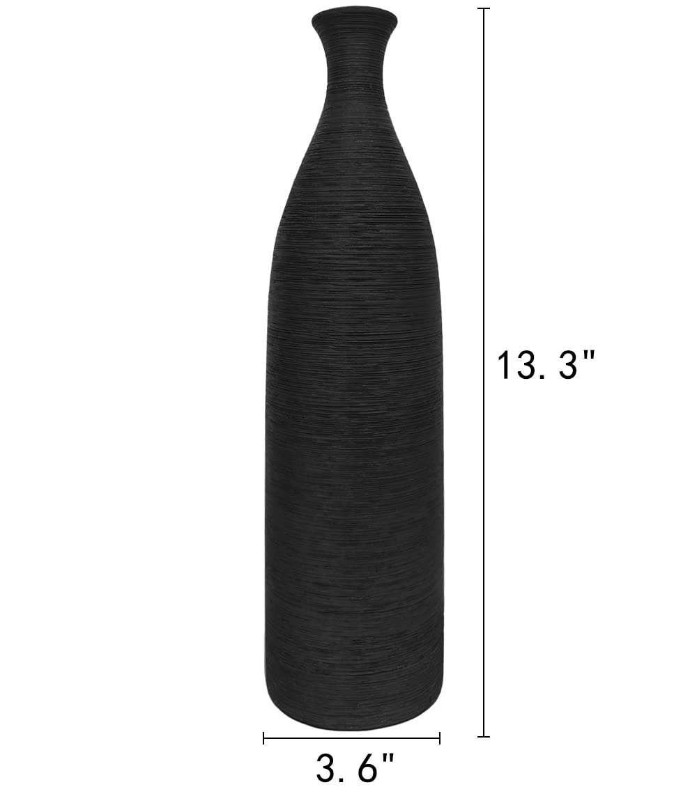 Modern Black Ceramic Vase - 13.3 Inch Small Narrow Neck Flower Vase for Home Decor, Farmhouse, Fireplace & Table Centerpiece | Elegant Ceramic Decorative Vase for Living Room, Dining Table & Wedding Decor