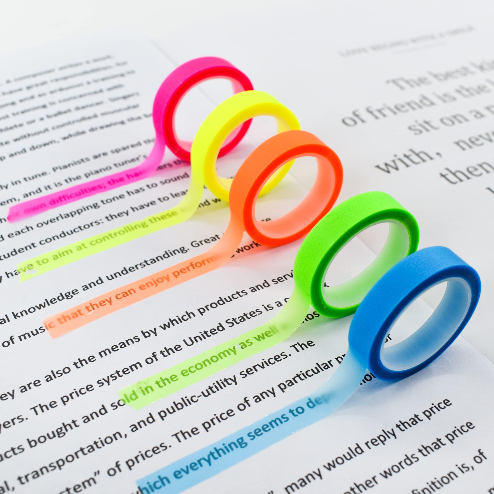 VANRA 5 Rolls Highlighter Tape - Transparent Removable Fluorescent Marking Stickers for Books, Notes & Study (16ft Per Roll) - Perfect for Reading, Class, Office & Bible Study Organization