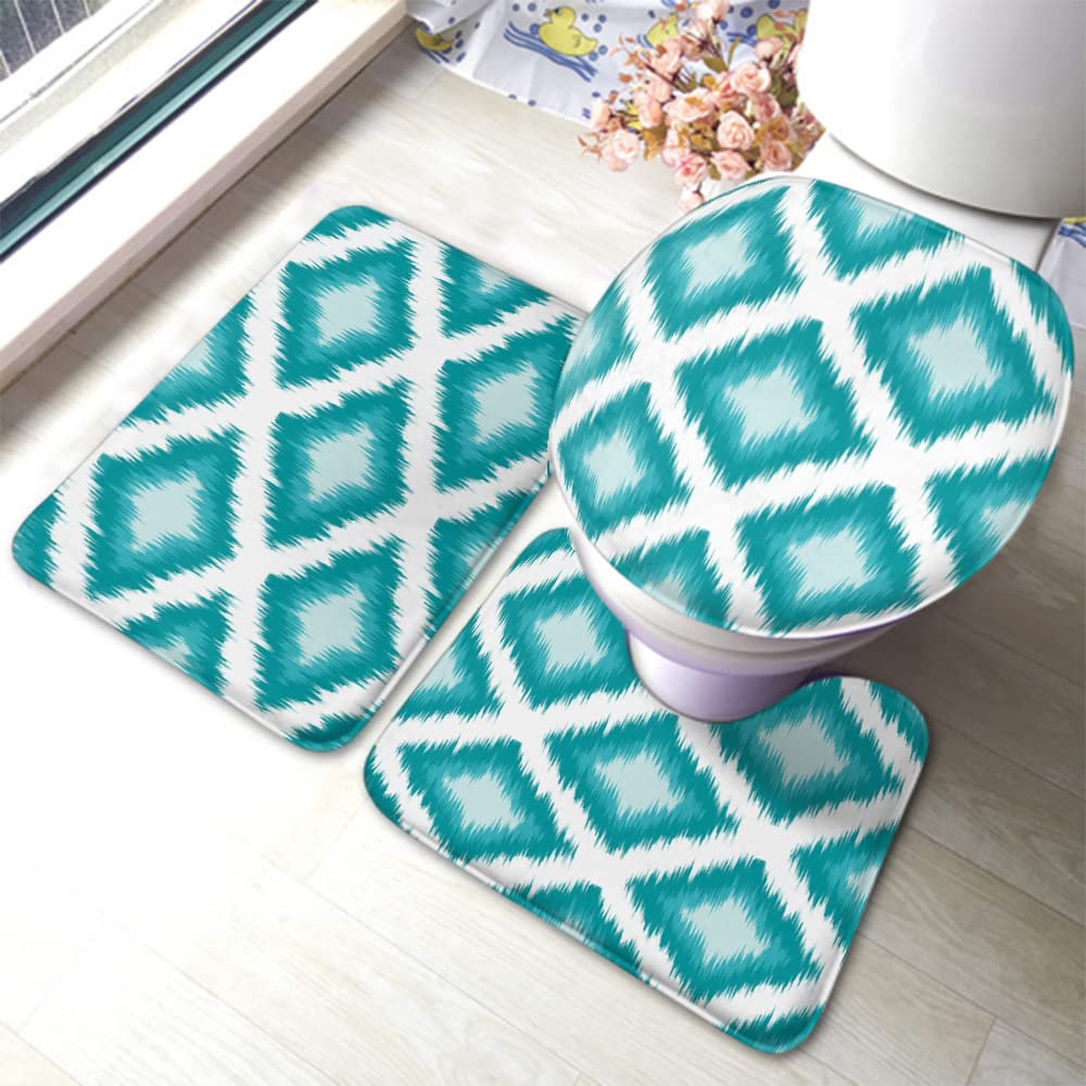 Zaueky Blue Ikat 3-Piece Bathroom Rug Set - Non-Slip Bath Mat with Rubber Backing, U-Shaped Contour Rug & Toilet Lid Cover - Artistic Ethnic Watercolor Traditional Geometric Design - Perfect for Bathroom Decor, Home Upgrade & Gift Giving